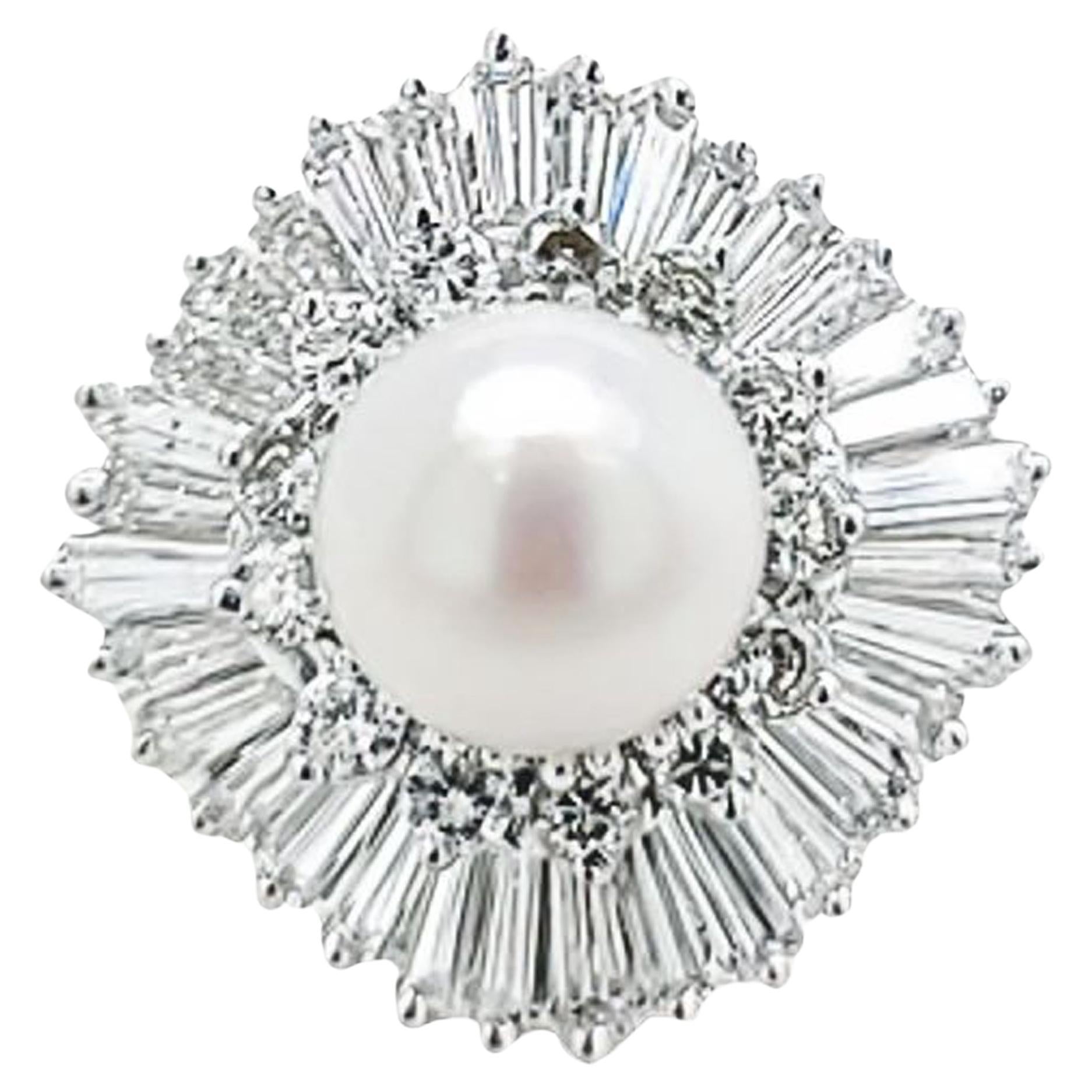 Ballerina Ring Featuring 9mm Pearl and Baguette Cut Diamonds