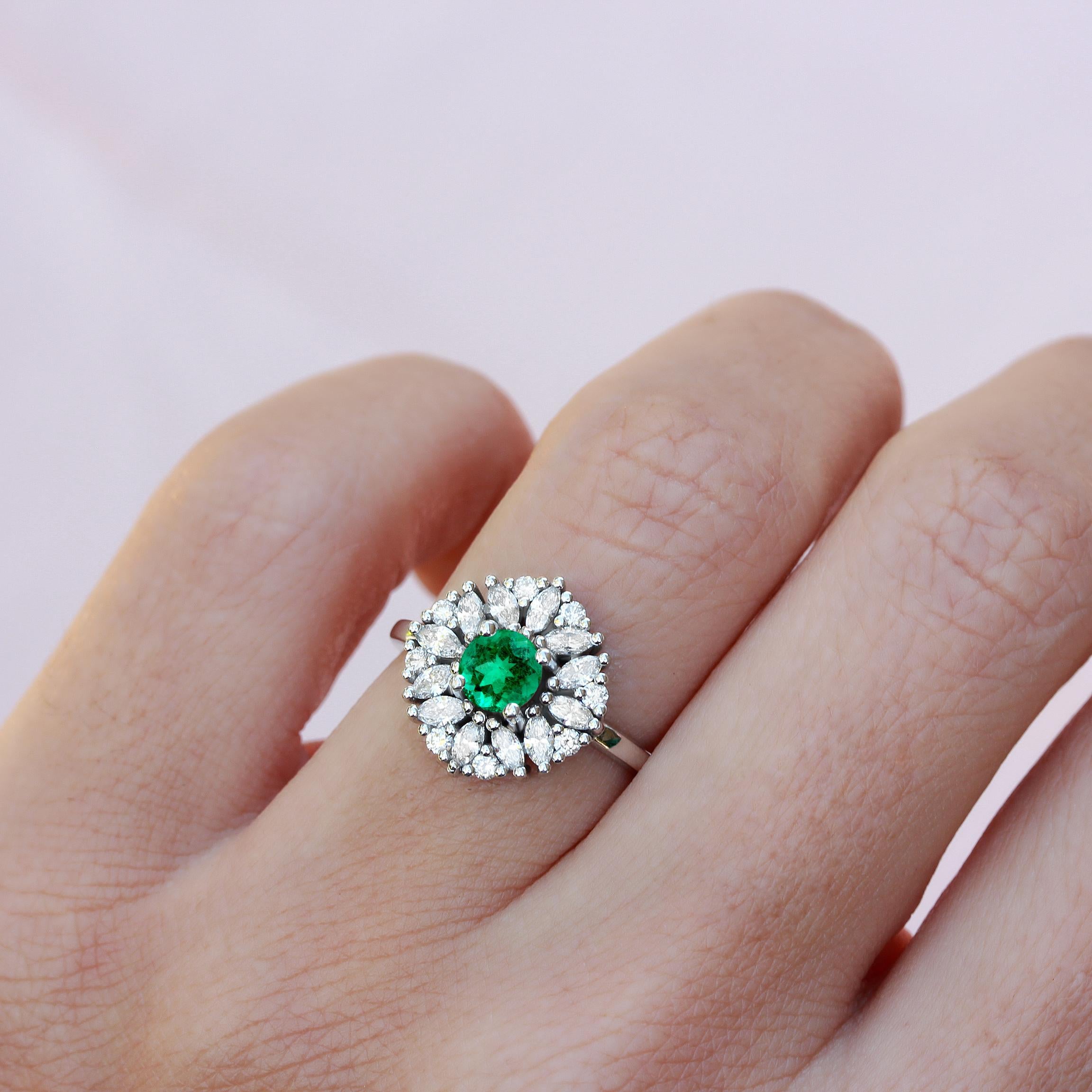 Delicate round green Emerald ring with marquise & round side diamonds - Harper.
Playing with marquise and round diamonds has made the perfect ring - the result is gorgeous!
This list is for the engagement ring only.
Handmade with care.
An original
