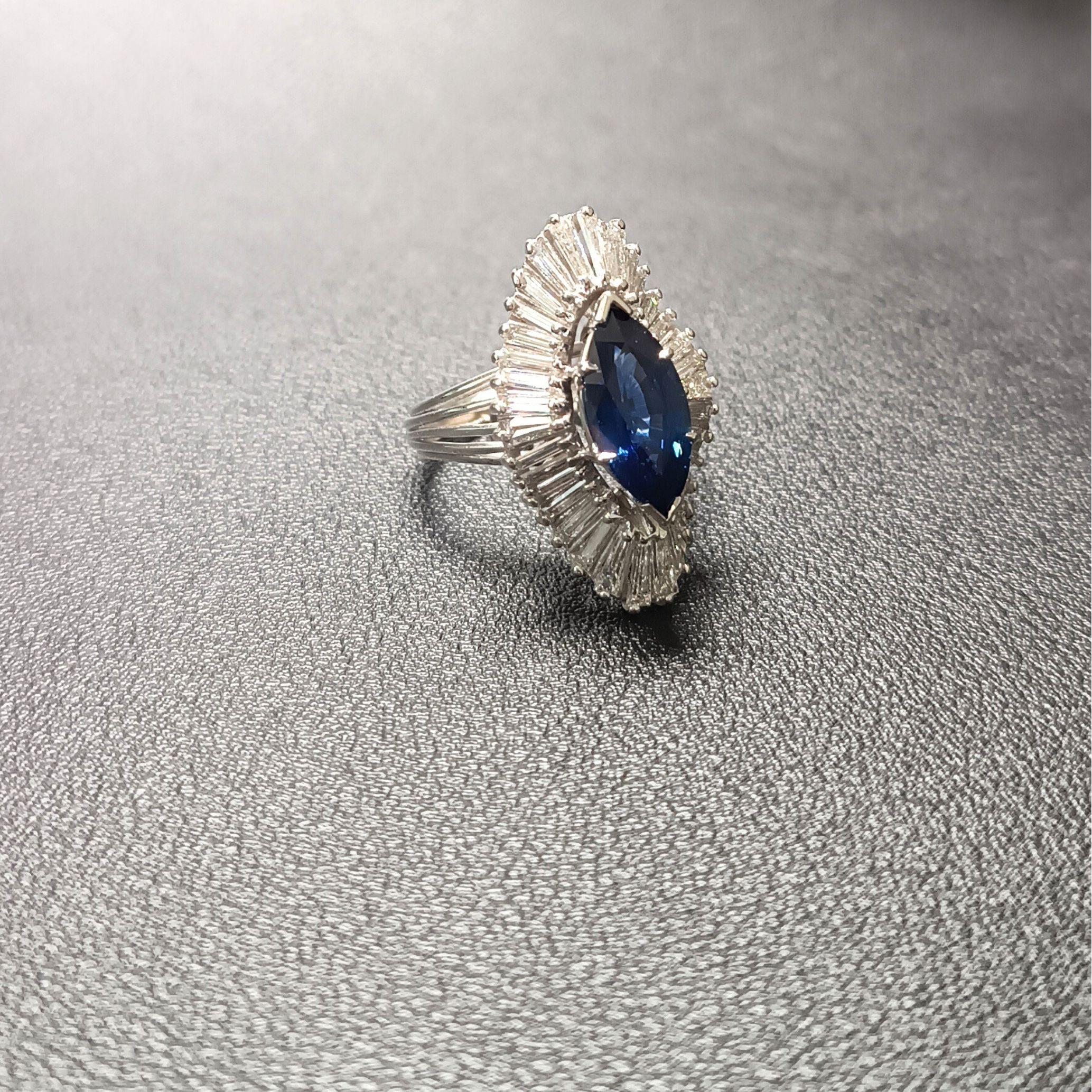 Ballerina Zaffiro  Anello con diamante - Zaffiro naturale marquise blu reale da 3,65 carati in vendita 4