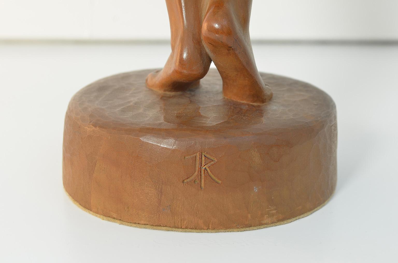 Ballerina Sculpture, Dancing Woman Figure Carved Wood by J. Rudolph Light Brown (Deutsch) im Angebot