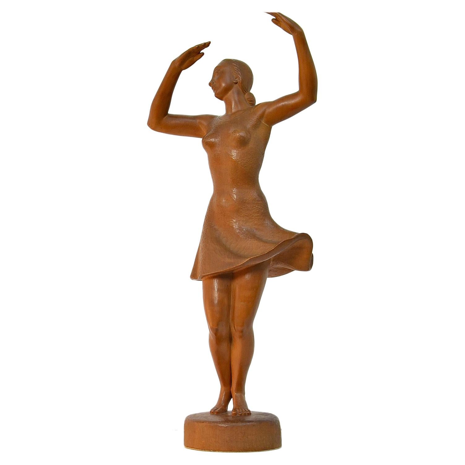 Ballerina Sculpture, Dancing Woman Figure Carved Wood by J. Rudolph Light Brown im Angebot
