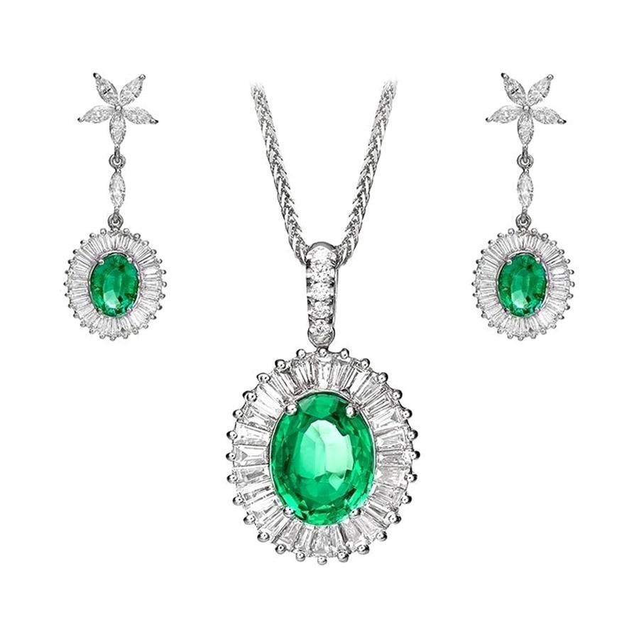 Ballerina Style Diamond & Emerald Earring Pendant Set 18k White Gold