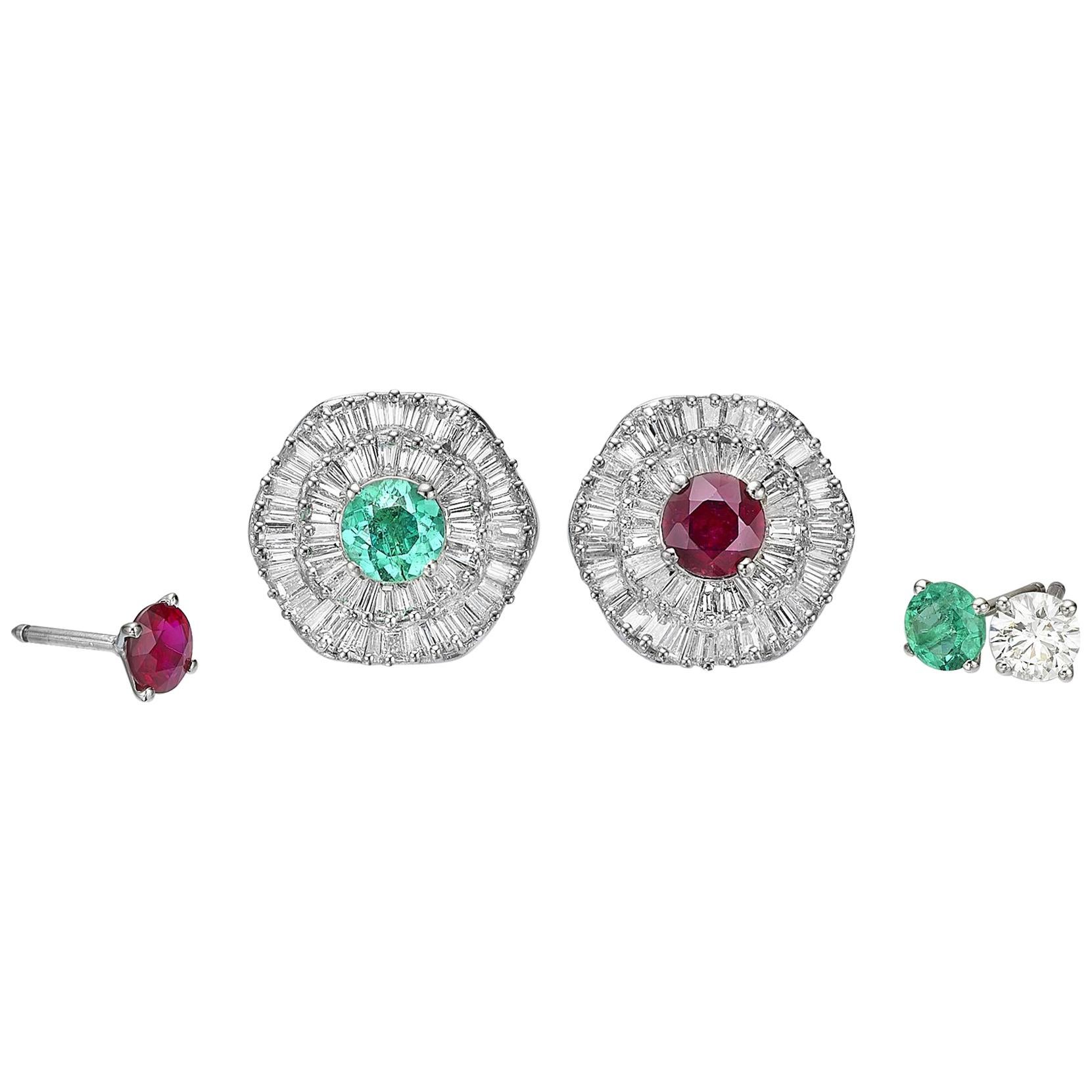 GIA Cert Ballerina Halo Interchangeable Diamond, Emerald & Ruby Earring Set  For Sale 2