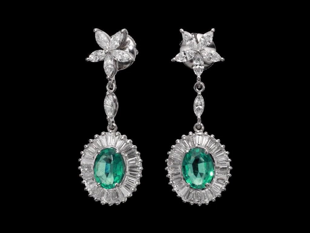 Contemporary EGL Certified Ballerina Style Natural Emeralds and Diamonds Drop Earrings  For Sale