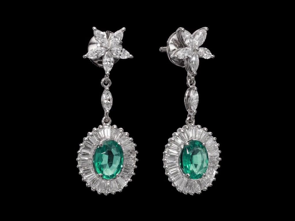 Marquise Cut EGL Certified Ballerina Style Natural Emeralds and Diamonds Drop Earrings  For Sale