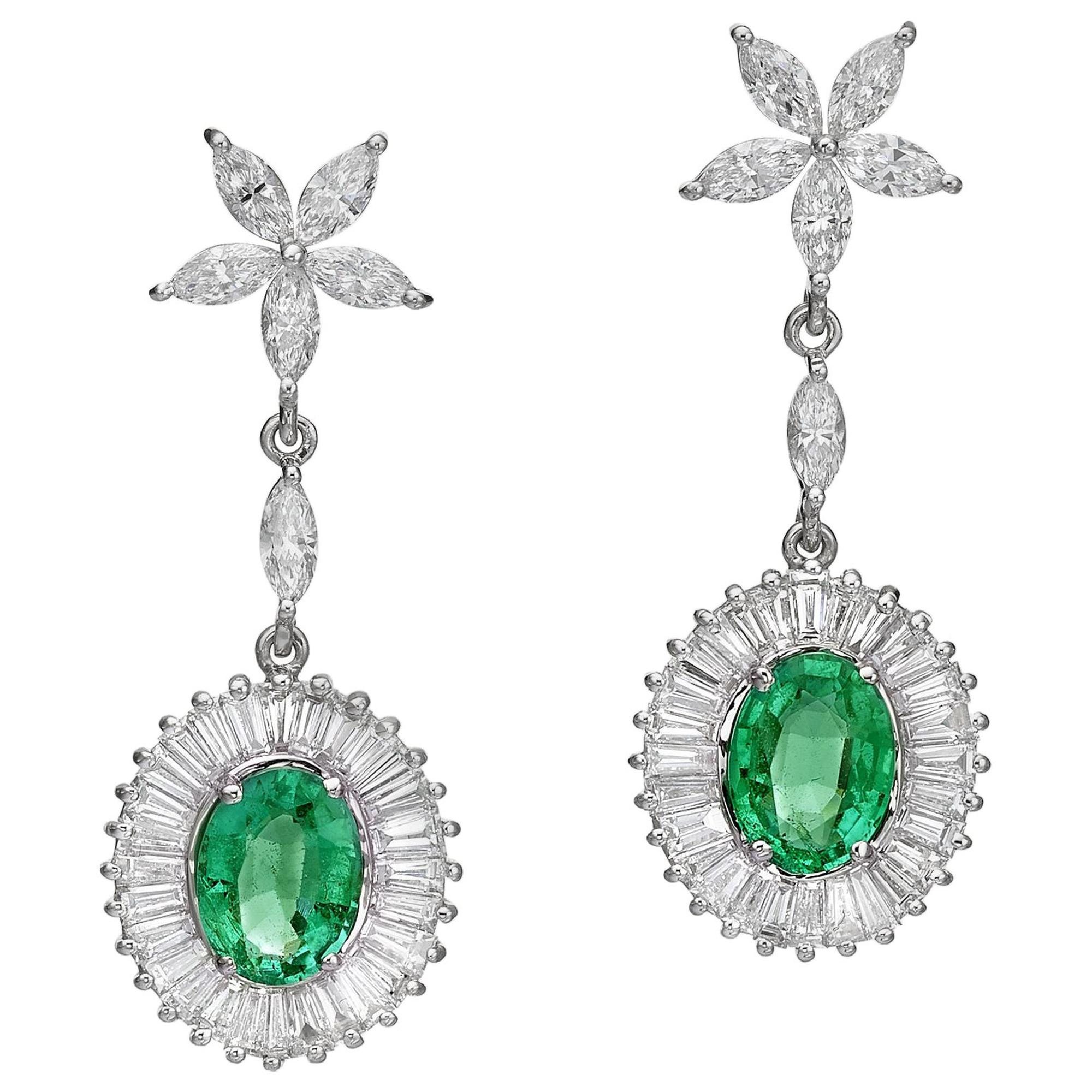 EGL Certified Ballerina Style Natural Emeralds and Diamonds Drop Earrings  For Sale