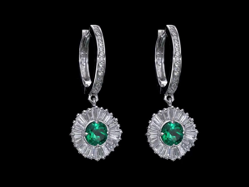 Round Cut Ballerina Style Natural Emeralds and Diamonds Drop Earrings For Sale