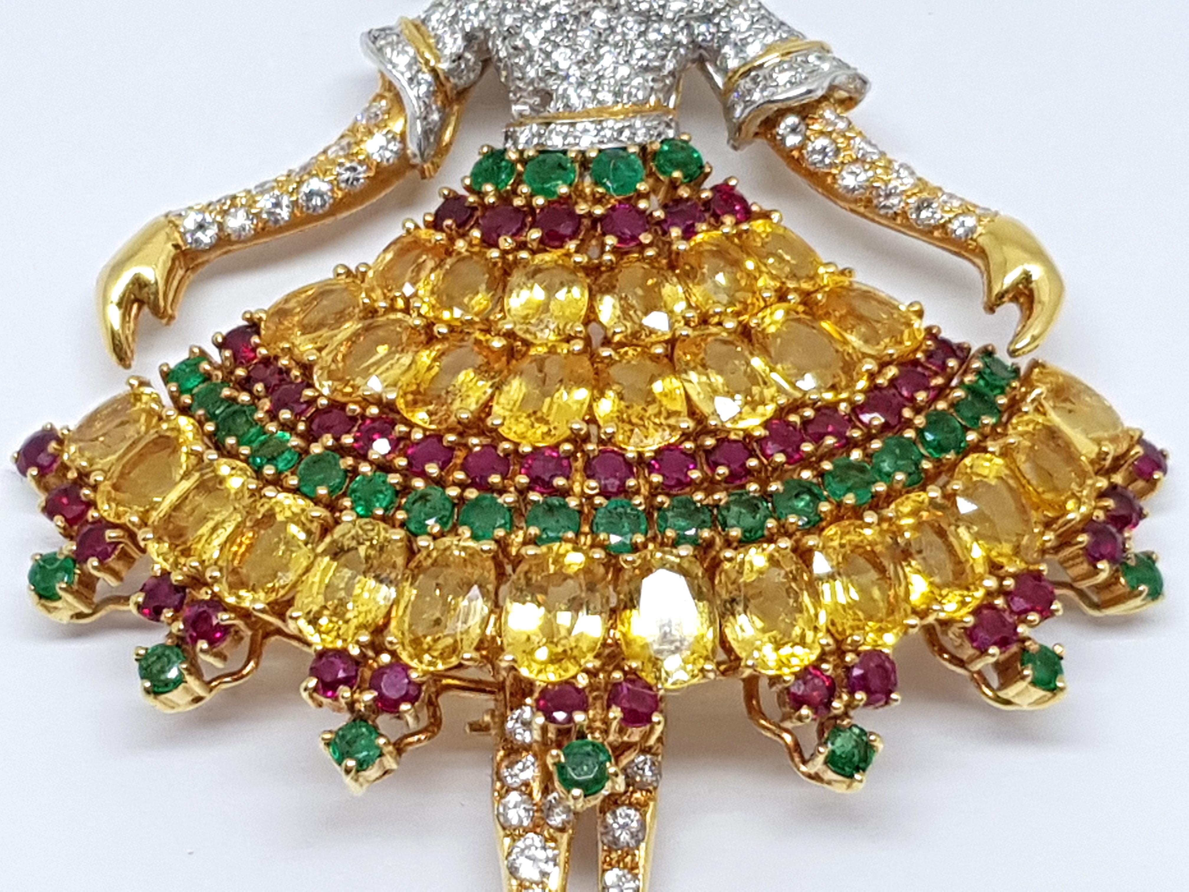 Van Cleef & Arpels Inspired Ballerina Sapphire Ruby Emerald Pendant Brooch For Sale 3