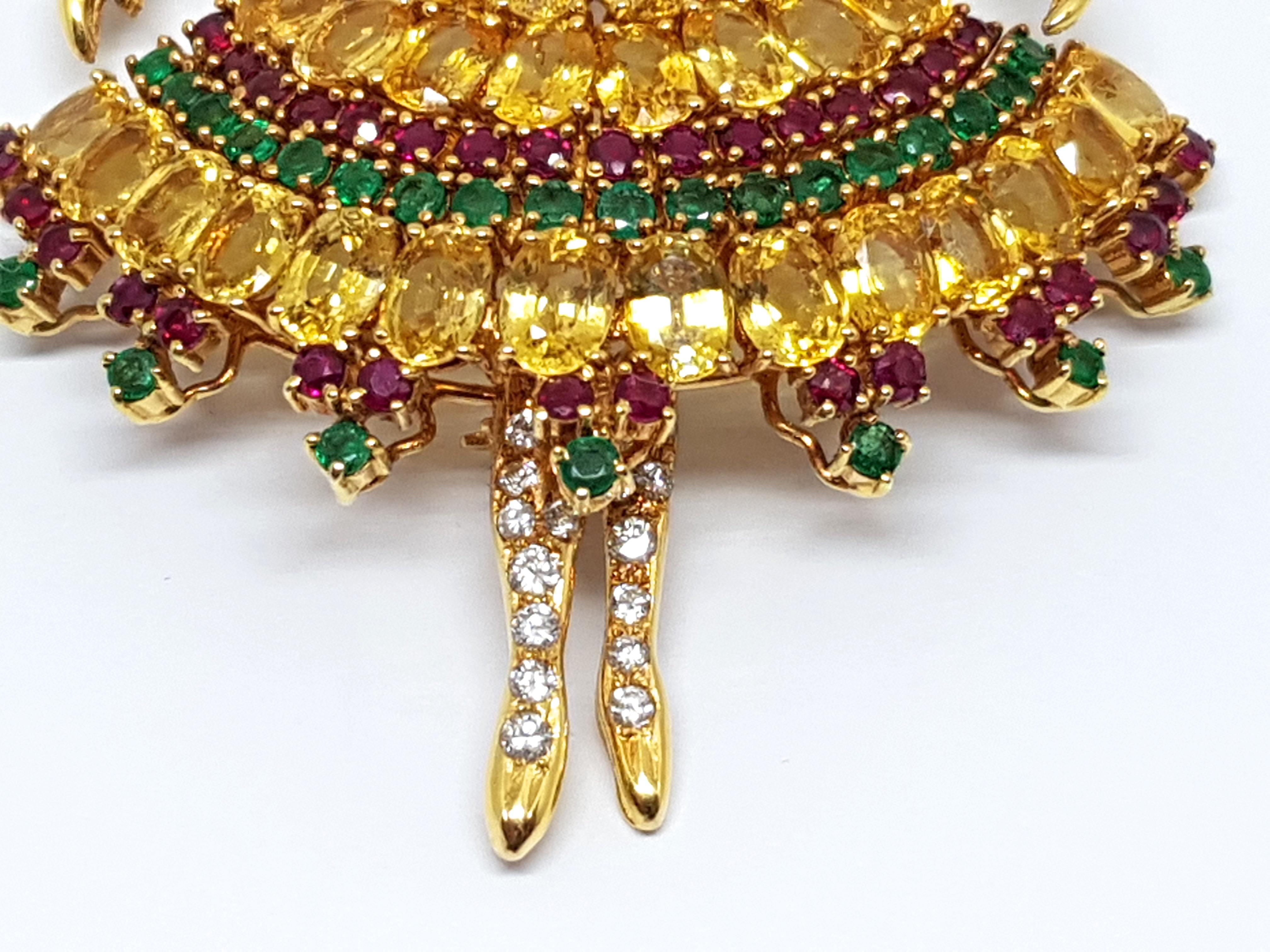 Van Cleef & Arpels Inspired Ballerina Sapphire Ruby Emerald Pendant Brooch For Sale 4