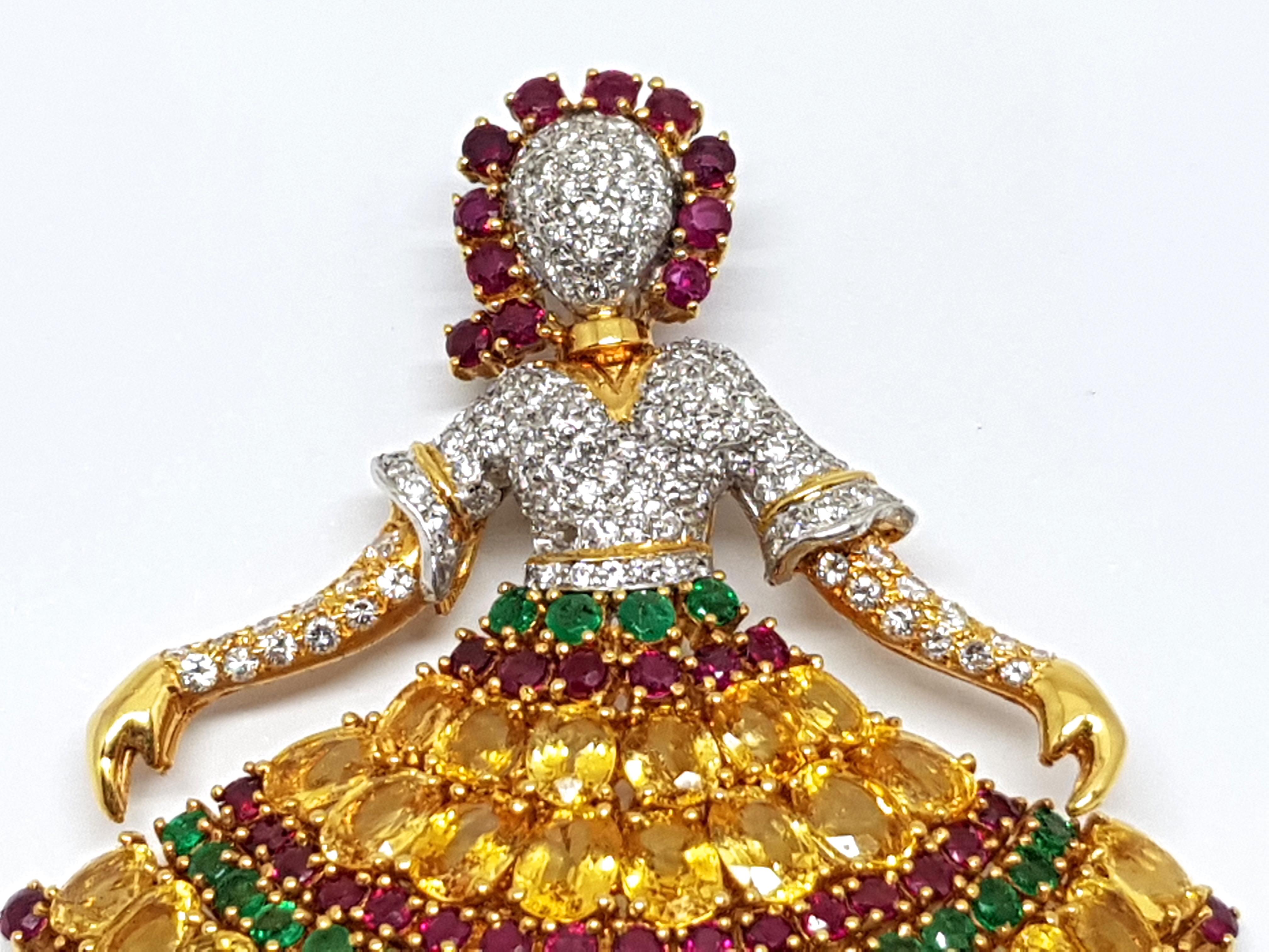 Van Cleef & Arpels Inspired Ballerina Sapphire Ruby Emerald Pendant Brooch For Sale 5