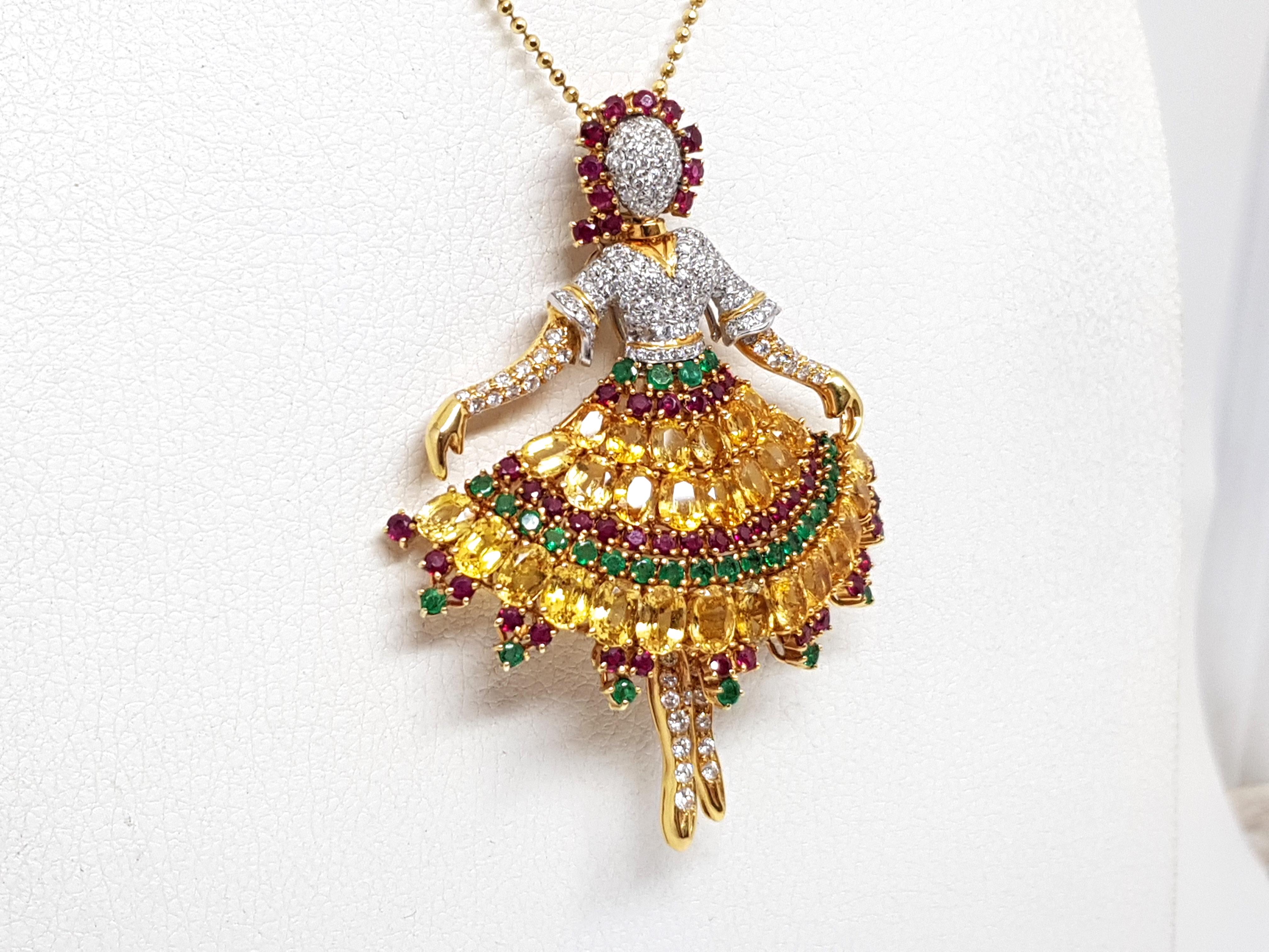 Round Cut Van Cleef & Arpels Inspired Ballerina Sapphire Ruby Emerald Pendant Brooch For Sale