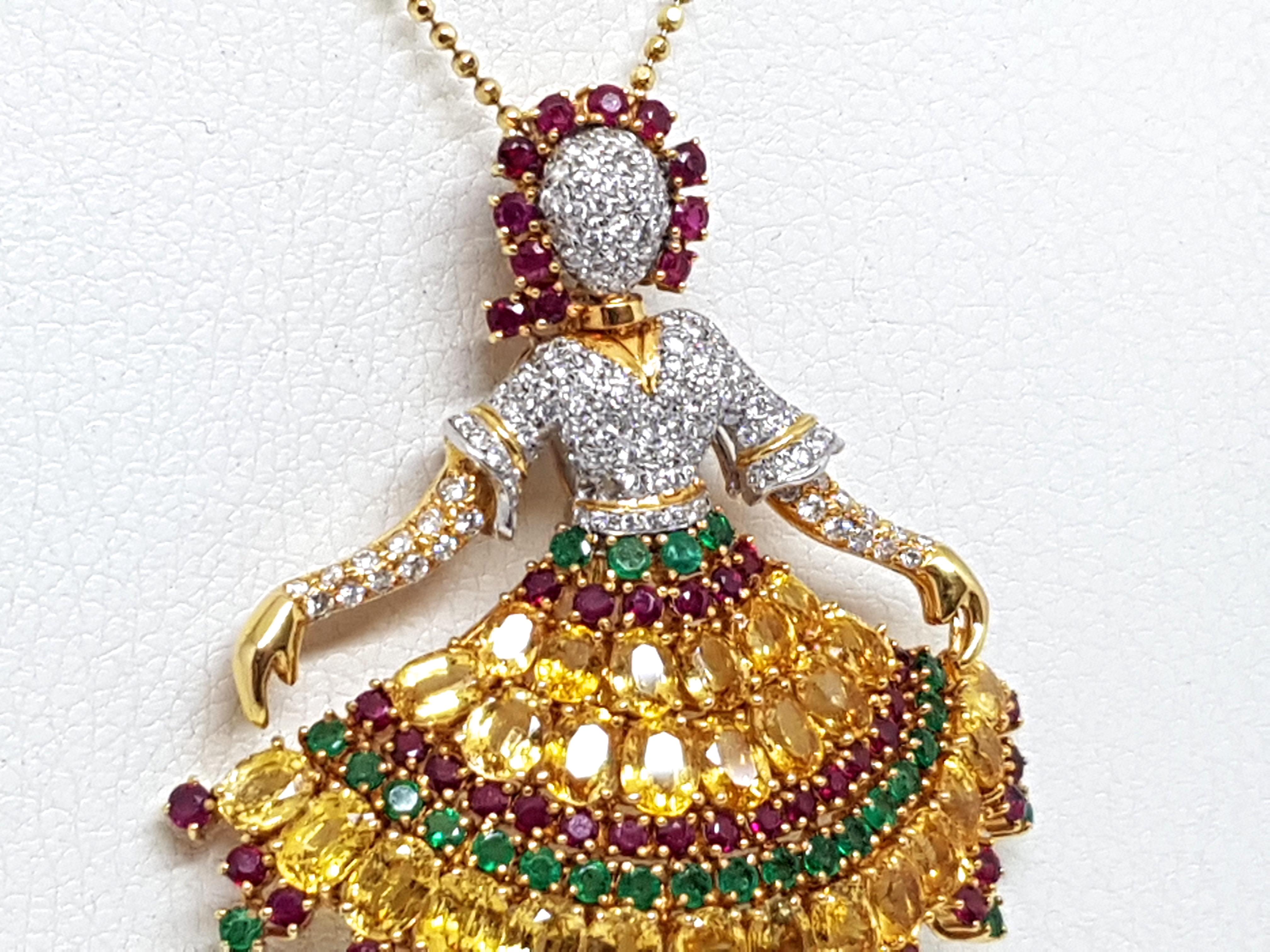 Women's or Men's Van Cleef & Arpels Inspired Ballerina Sapphire Ruby Emerald Pendant Brooch For Sale