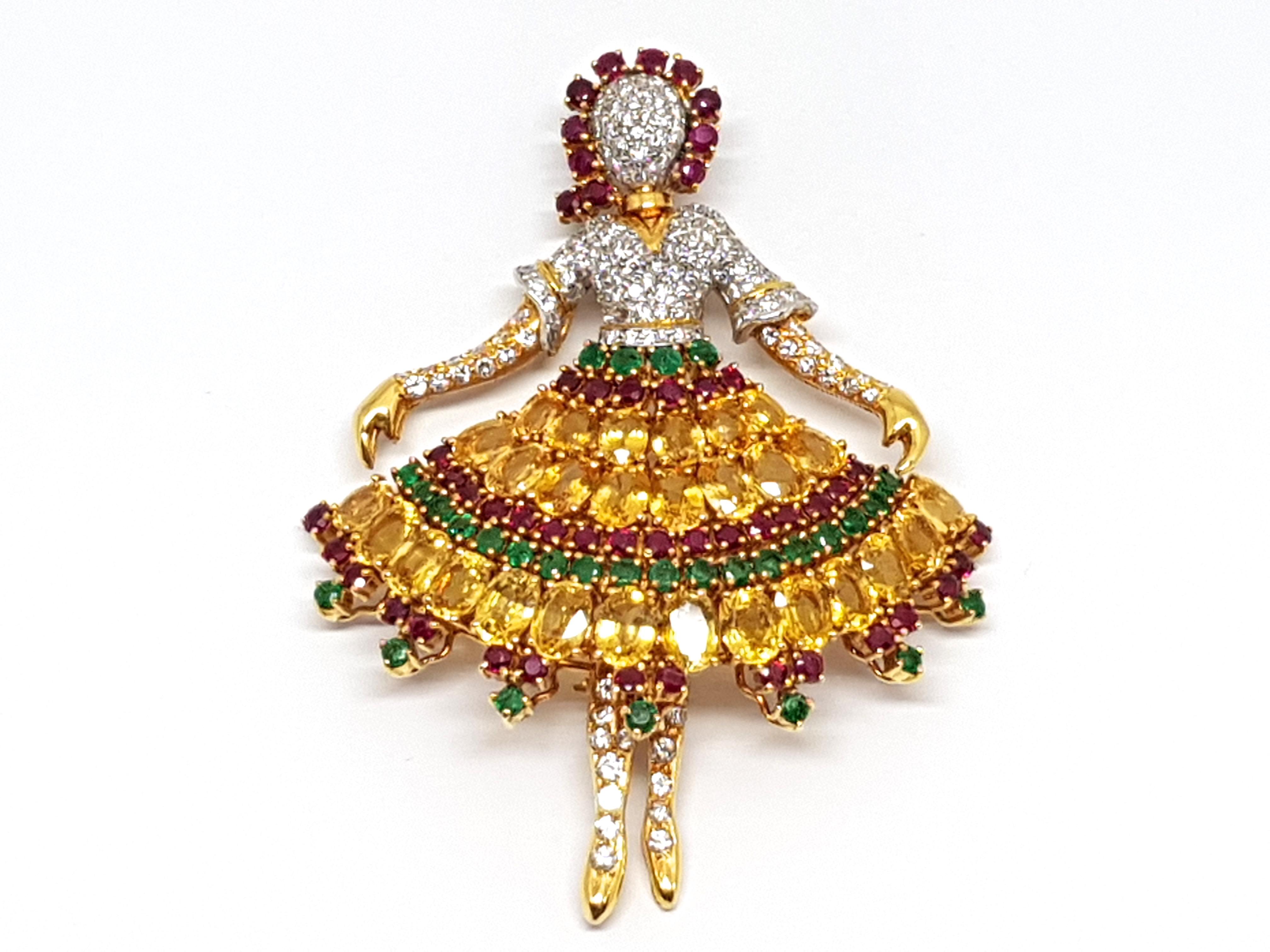 Van Cleef & Arpels Inspired Ballerina Sapphire Ruby Emerald Pendant Brooch For Sale 1