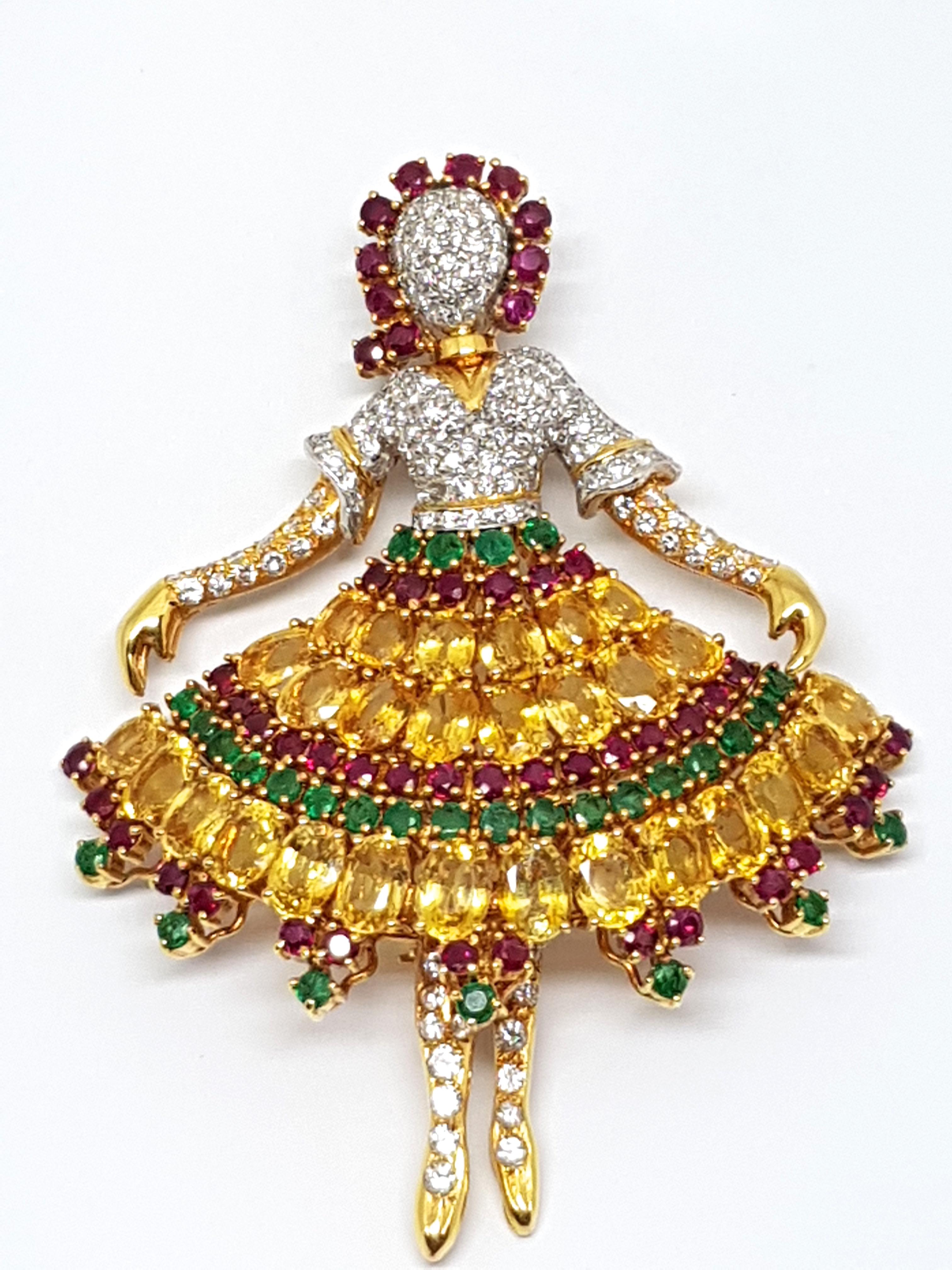 Van Cleef & Arpels Inspired Ballerina Sapphire Ruby Emerald Pendant Brooch For Sale 2