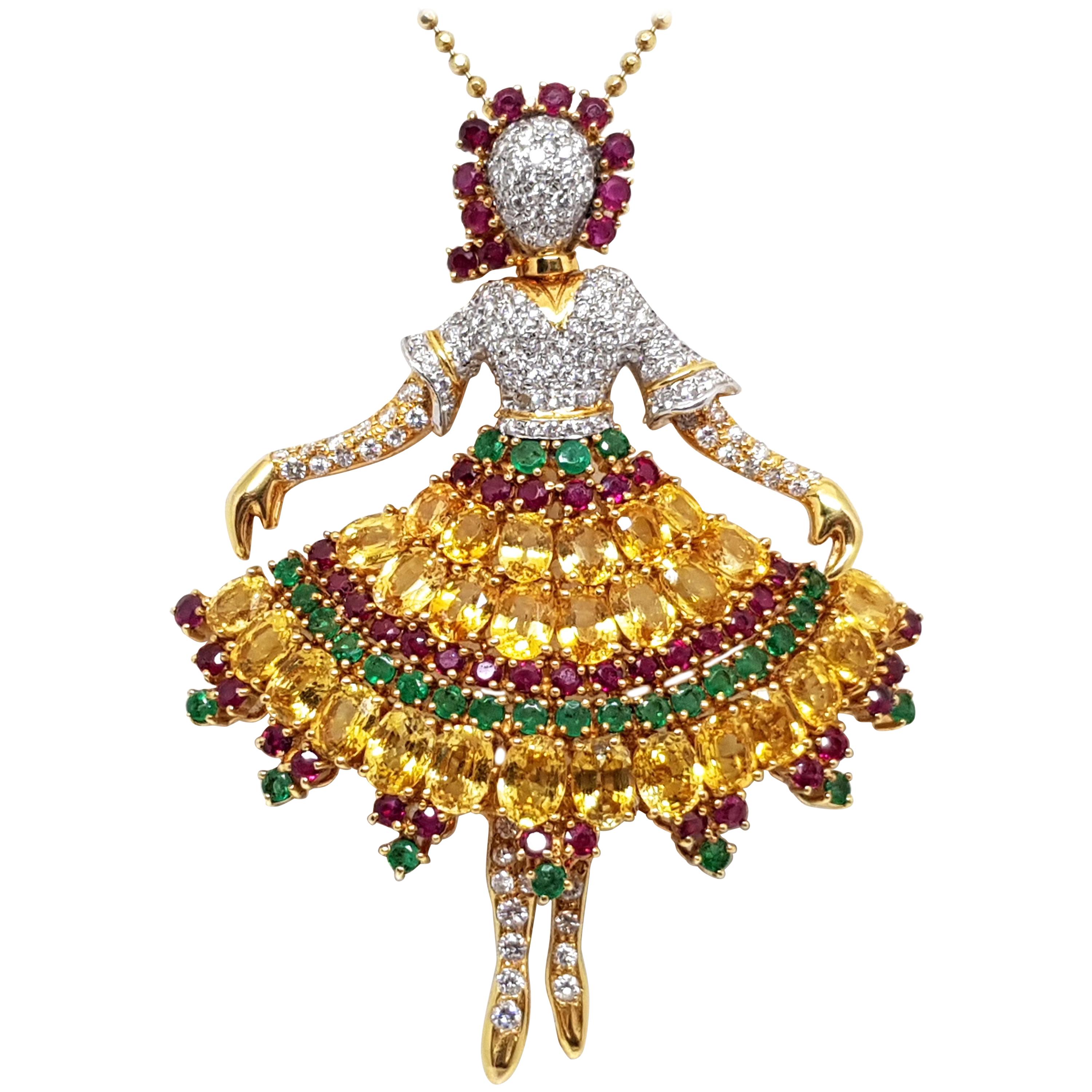 Van Cleef & Arpels Inspired Ballerina Sapphire Ruby Emerald Pendant Brooch For Sale