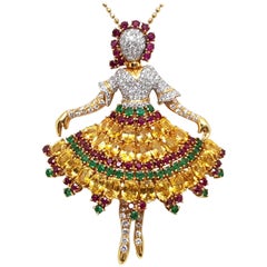 Retro Van Cleef & Arpels Inspired Ballerina Sapphire Ruby Emerald Pendant Brooch