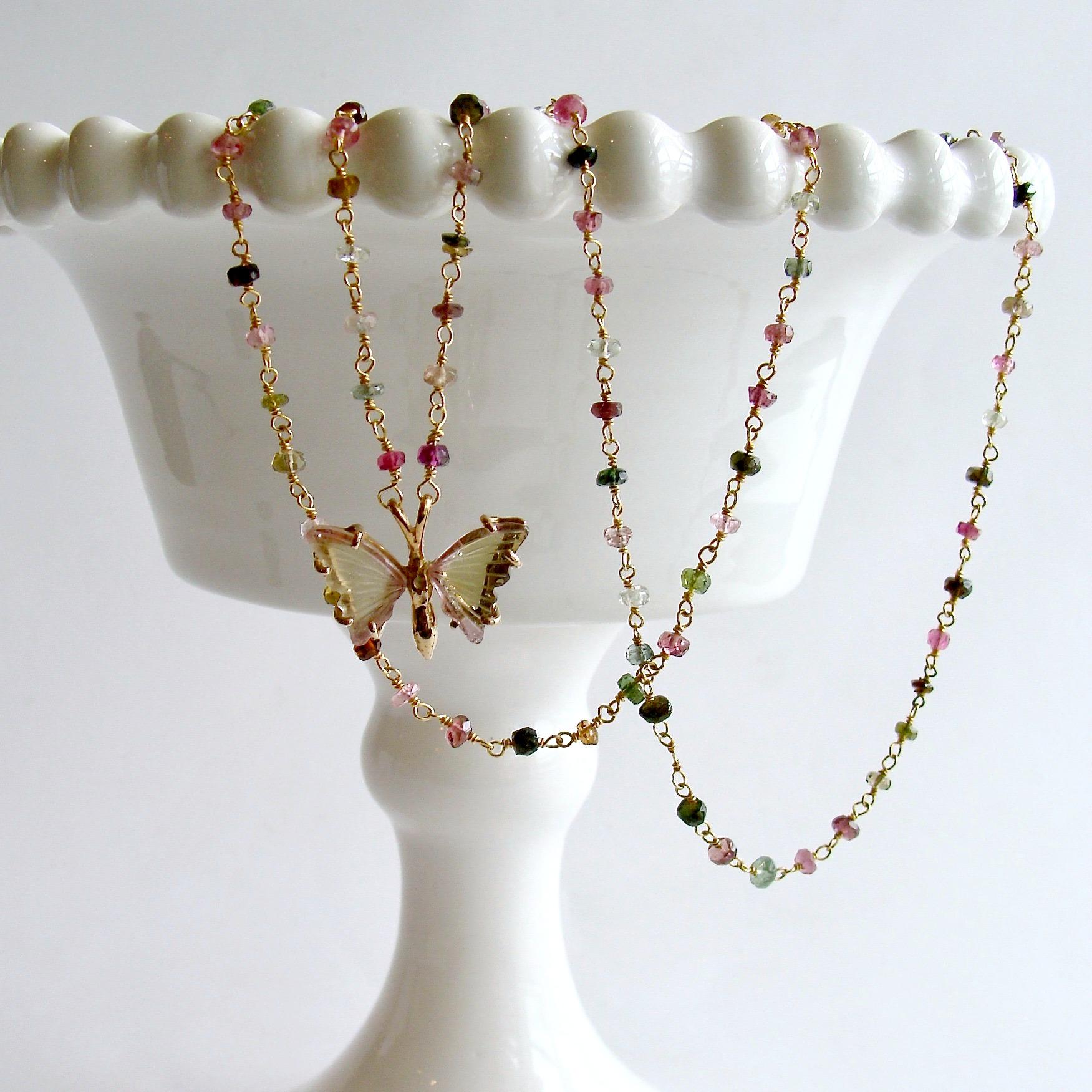 Ballet Pink Green Watermelon Tourmaline Butterfly Necklace, Papillon XVIII In New Condition In Colleyville, TX