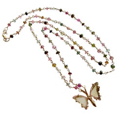 Ballet Pink Green Watermelon Tourmaline Butterfly Necklace, Papillon XVIII