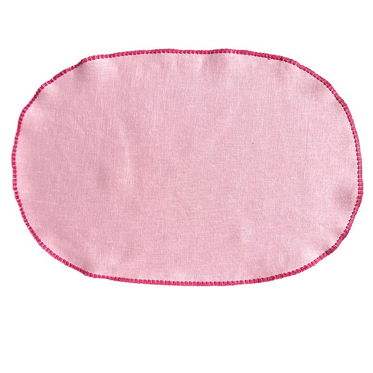 A set of four ballet pink crocheted place settings. This set of table linens will bring a cheery pop of color to your next dinner party. Each place setting includes an oval placemat and a square dinner napkin. Both pieces are in pink linen and