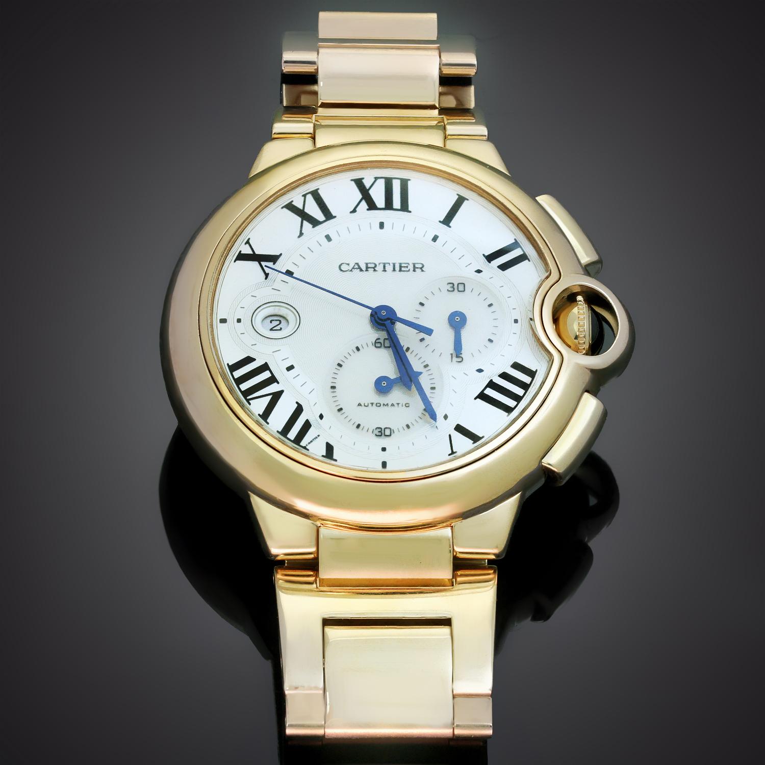 This magnificent Cartier wristwatch features an extra large 47mm 18k yellow gold case featuring a round 33mm dial with roman numerals, 9 o'clock date and 60 second/30 minute chronograph features, scratch resistant sapphire crystal, push & pull