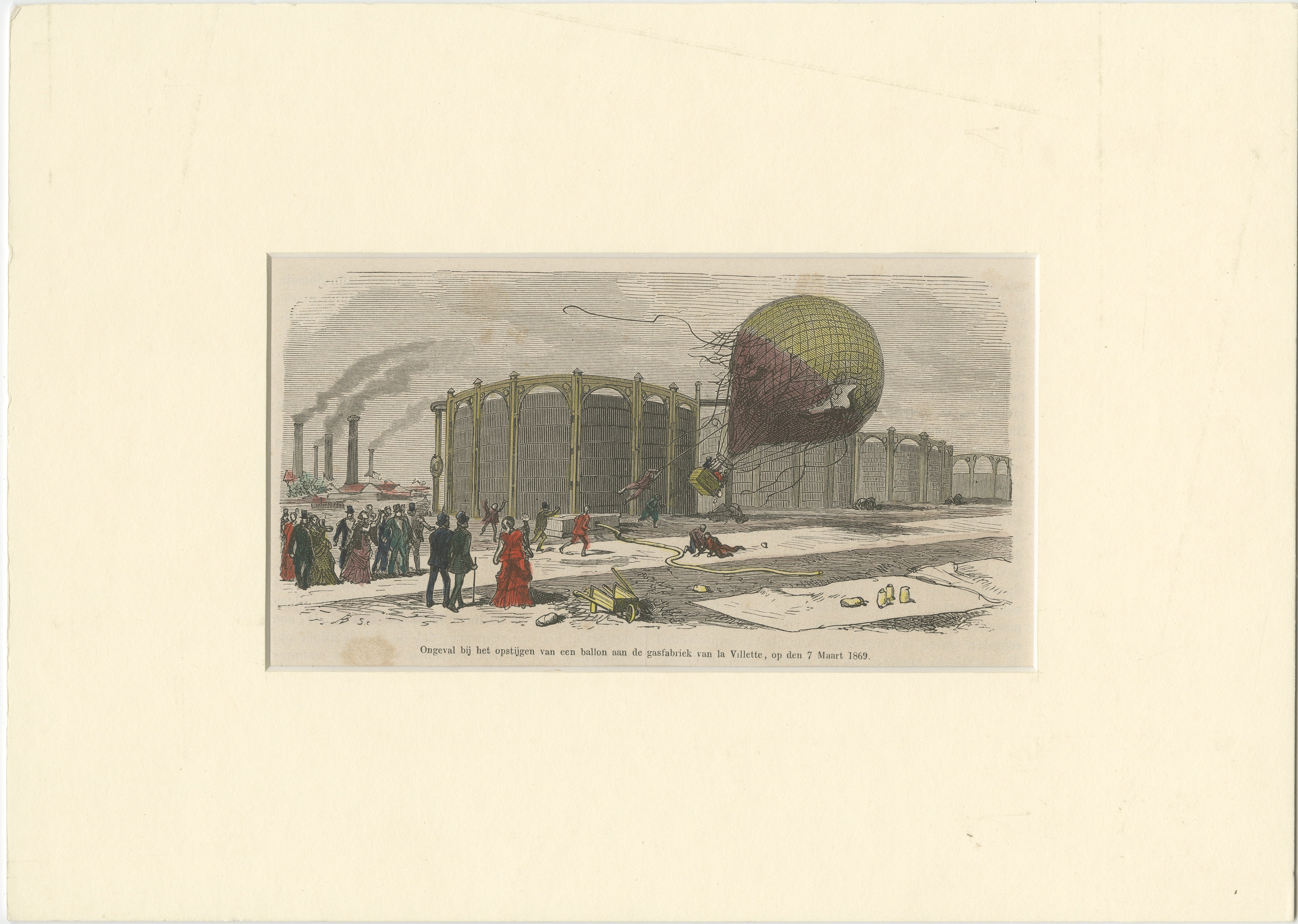 Balloon Accident at La Villette Gasworks – Hand-Coloured Engraving, 1869

This finely detailed 19th-century hand-coloured engraving depicts a dramatic balloon accident at the La Villette gasworks in Paris on 7 March 1869. 

The scene shows the
