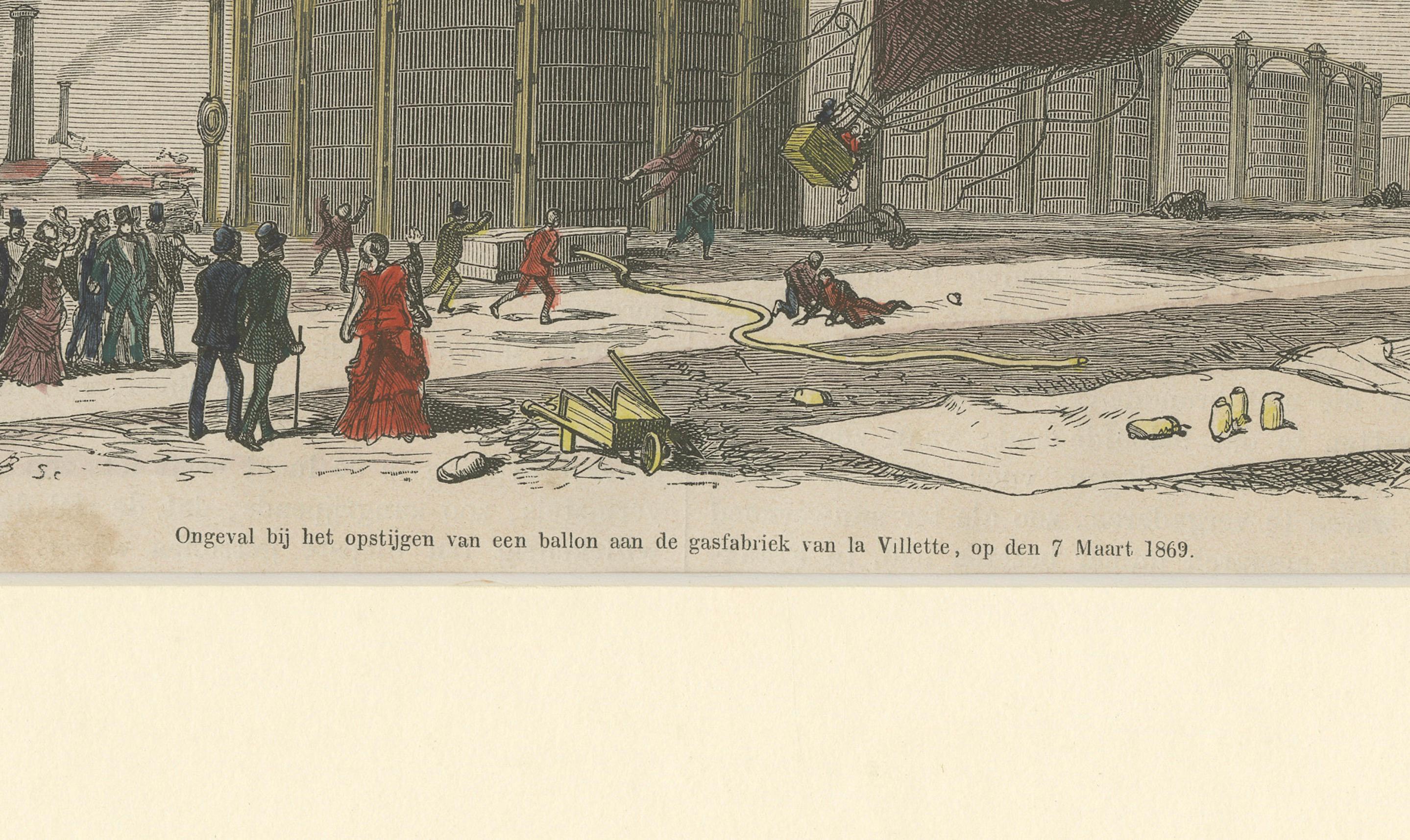 French Balloon Accident at La Villette Gasworks – Hand-Coloured Engraving, 1869 For Sale