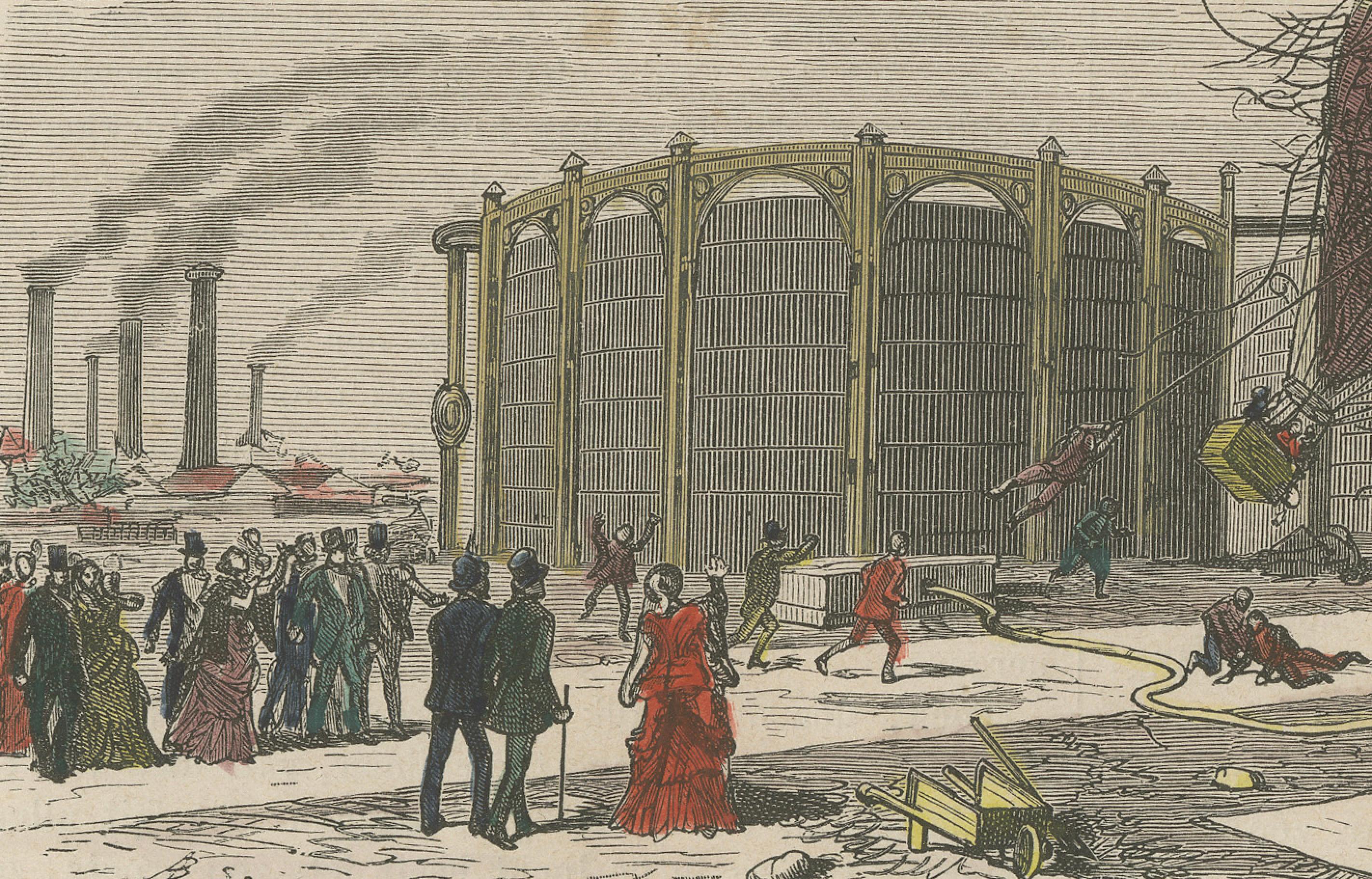 Engraved Balloon Accident at La Villette Gasworks – Hand-Coloured Engraving, 1869 For Sale