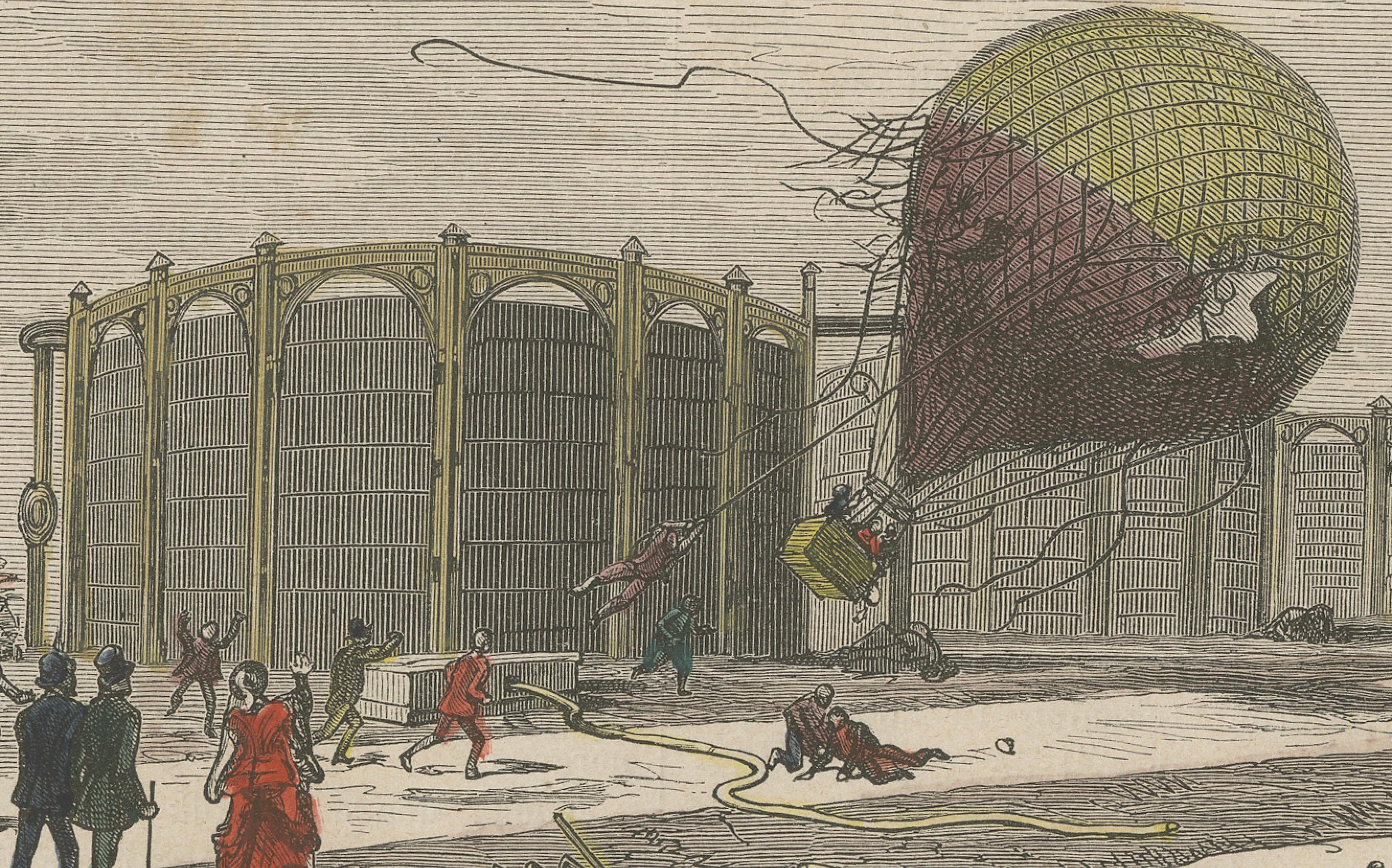 Balloon Accident at La Villette Gasworks – Hand-Coloured Engraving, 1869 In Good Condition For Sale In Langweer, NL