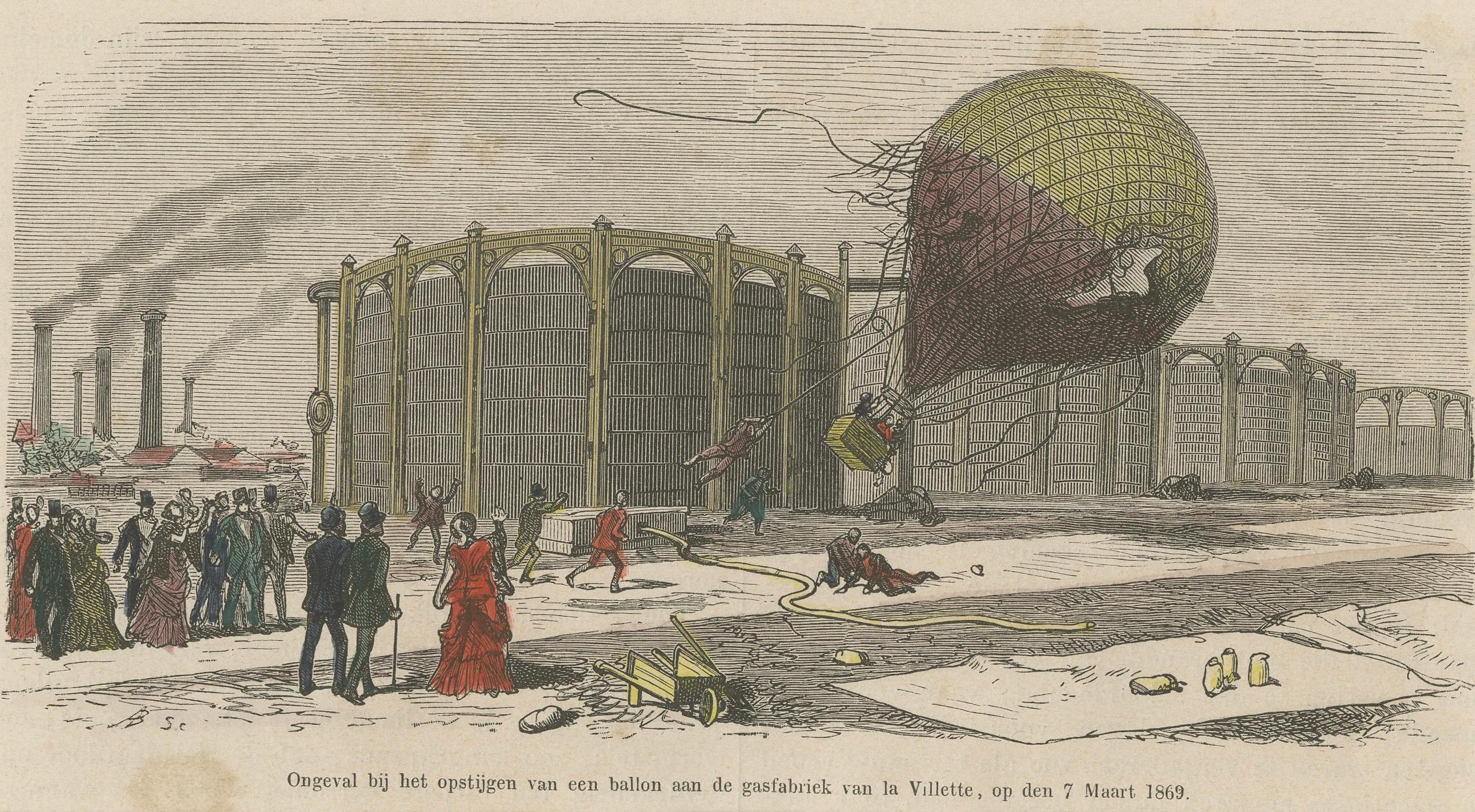 19th Century Balloon Accident at La Villette Gasworks – Hand-Coloured Engraving, 1869 For Sale