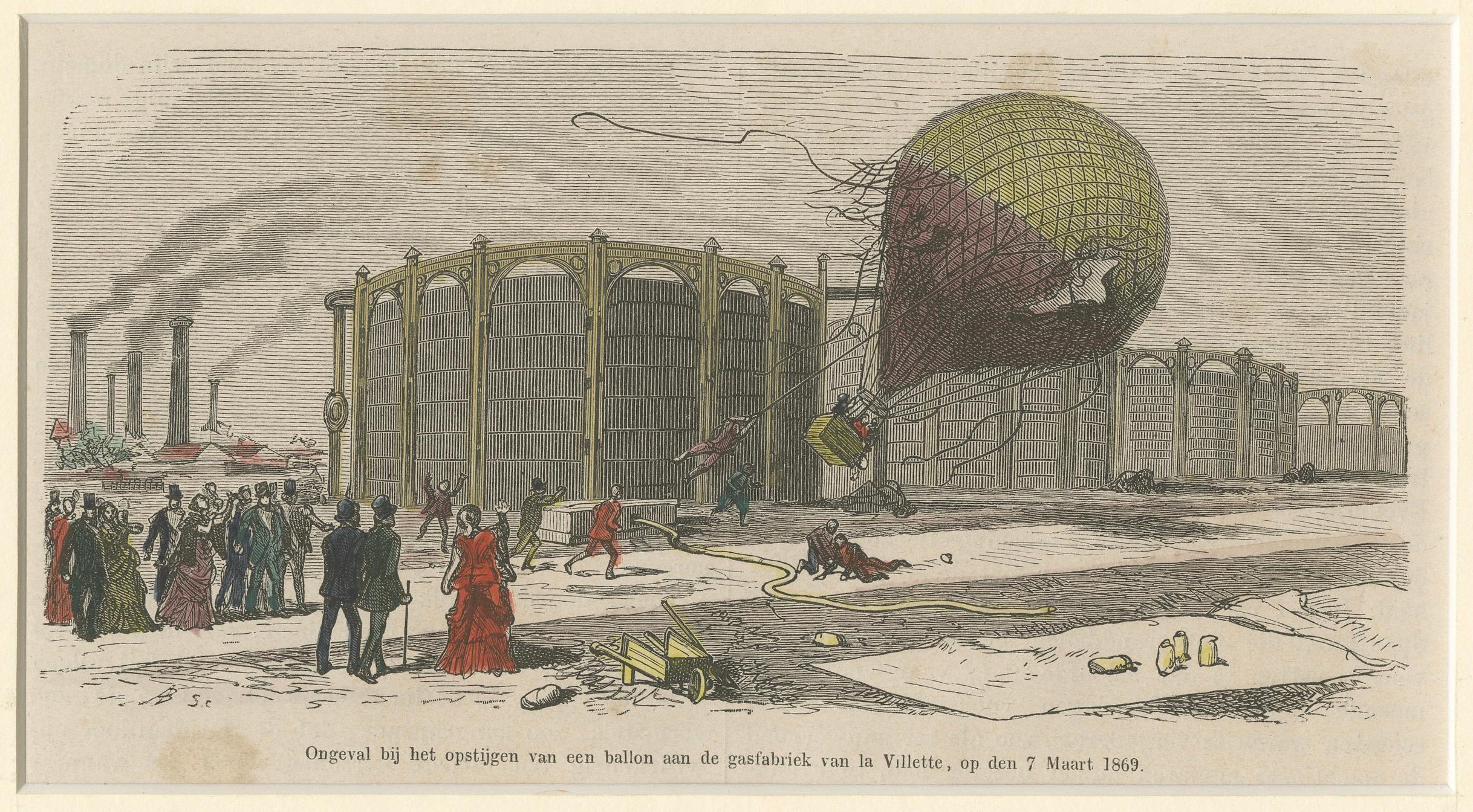 Paper Balloon Accident at La Villette Gasworks – Hand-Coloured Engraving, 1869 For Sale