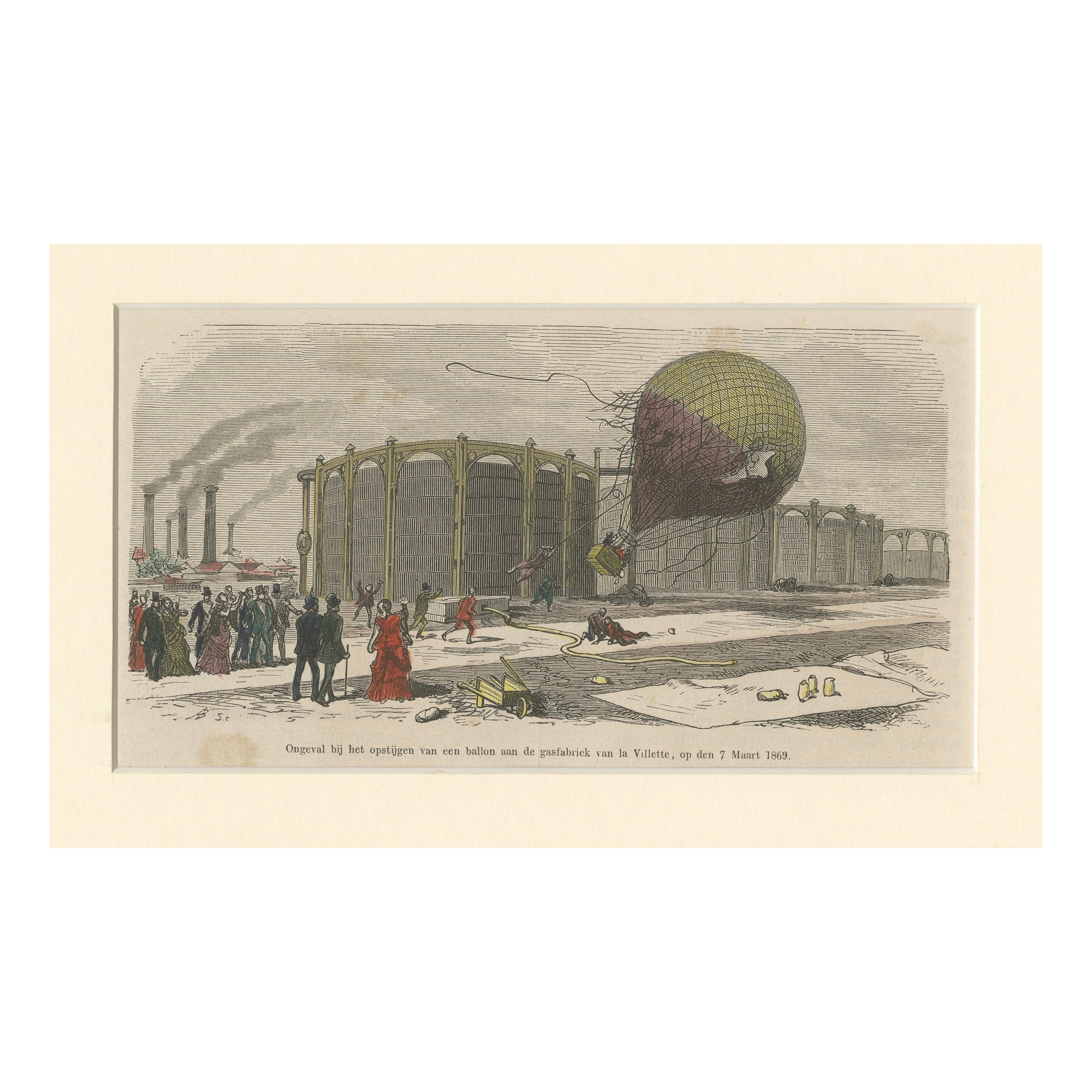 Ballon-Unfall im Gaswerk La Villette - Handkolorierter Stich, 1869