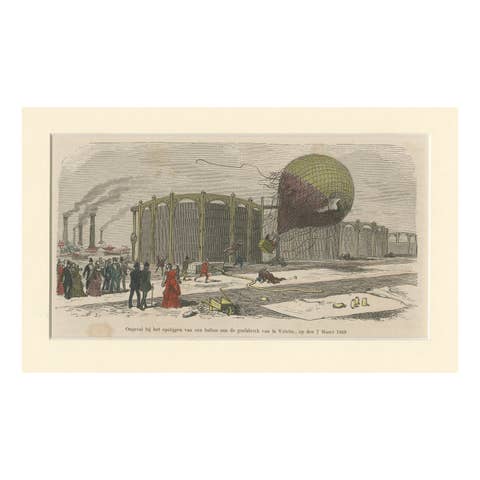 Balloon Accident at La Villette Gasworks – Hand-Coloured Engraving, 1869