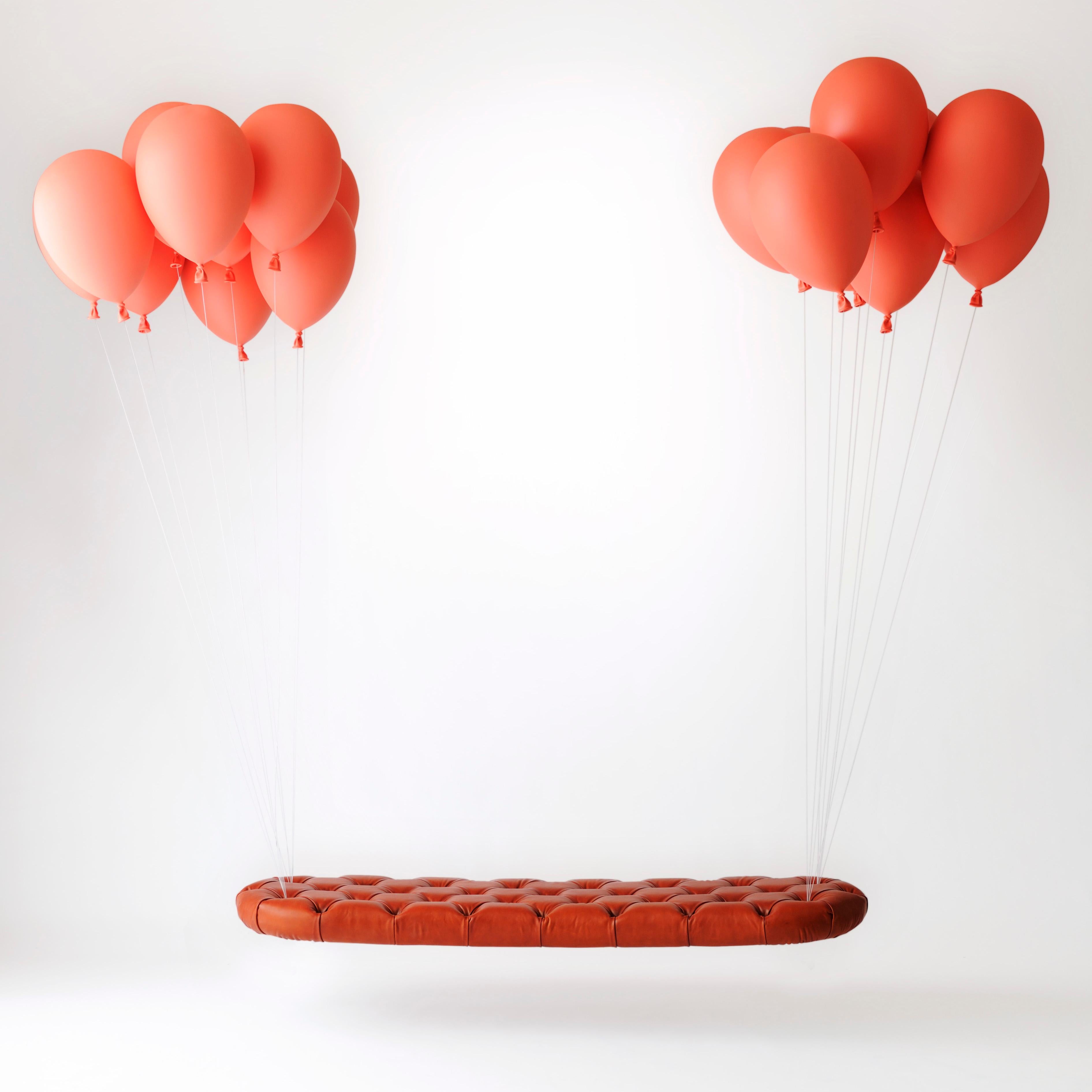 Balloon bench designed by Satoshi Itasaka of h220430
This bench is hanging bench installed to ceiling. Made up of 14balloons and seat.
Balloon is FRP, thread is steel wire. Bench is made of upholstered fabric, leather, or fake leather. Made to