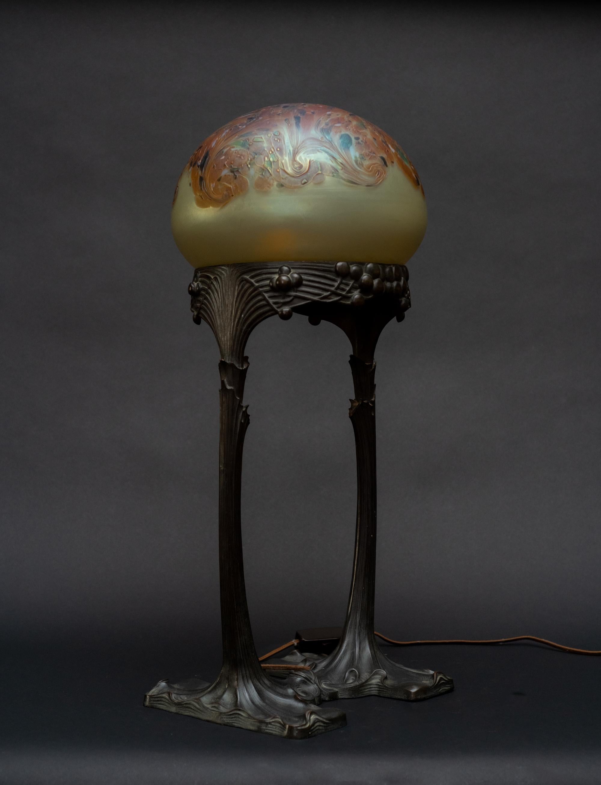 Austrian Secessionist Bronze & Balloon-Glass Table Lamp by Gustav Gurschner, Johann Loetz For Sale