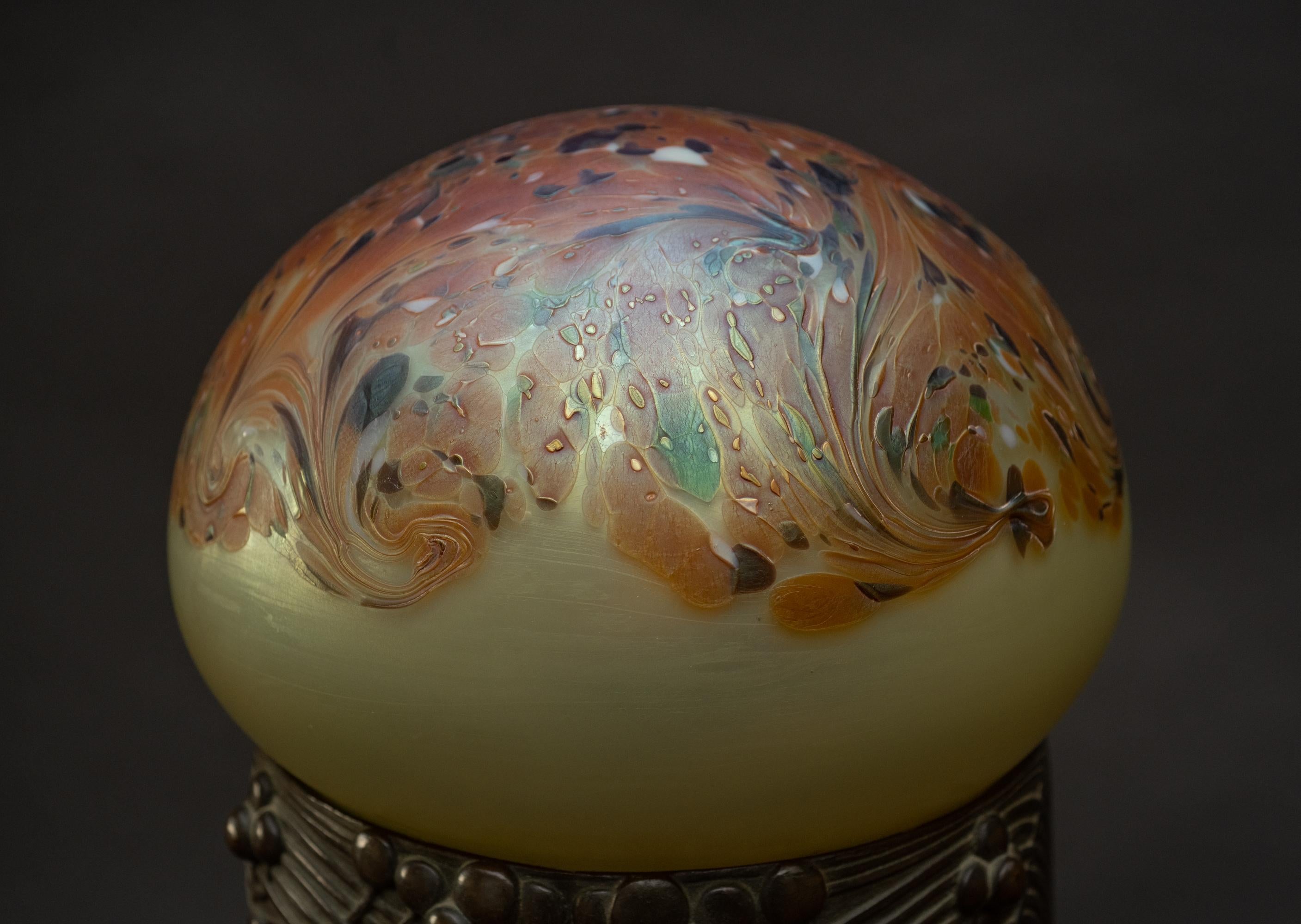 Brass Secessionist Bronze & Balloon-Glass Table Lamp by Gustav Gurschner, Johann Loetz For Sale