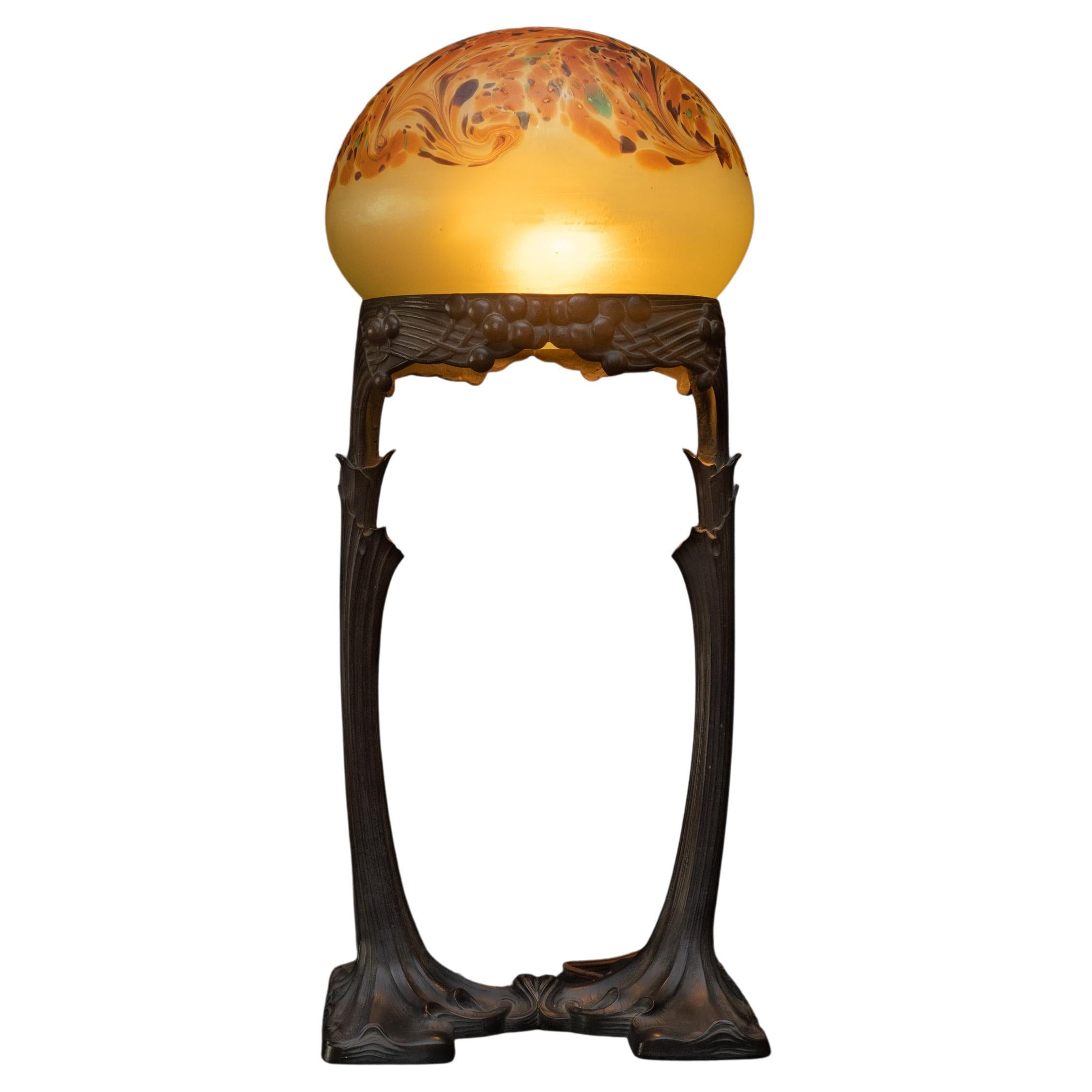 Secessionist Bronze & Balloon-Glass Table Lamp by Gustav Gurschner, Johann Loetz For Sale