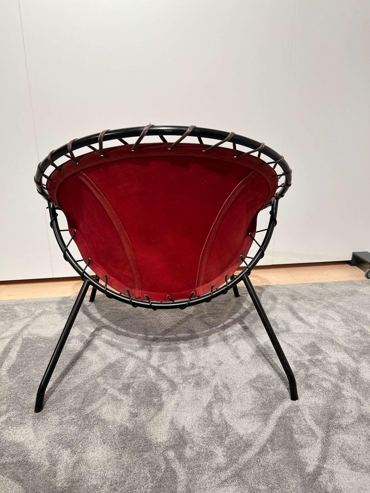 Lounge Chair by Hans Olsen, Red Suede, Metal, Denmark circa 1960 For Sale 7