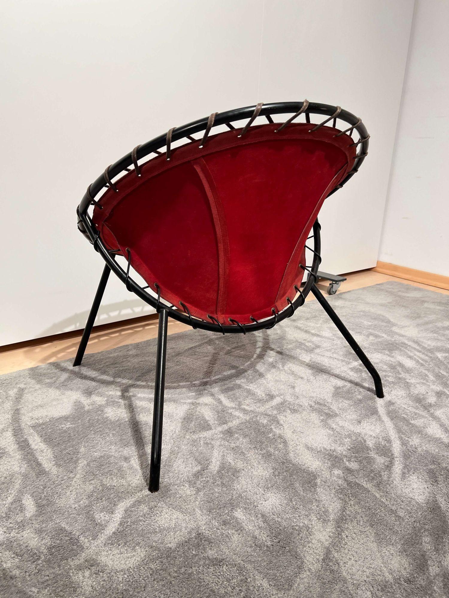 Lounge Chair by Hans Olsen, Red Suede, Metal, Denmark circa 1960 For Sale 8