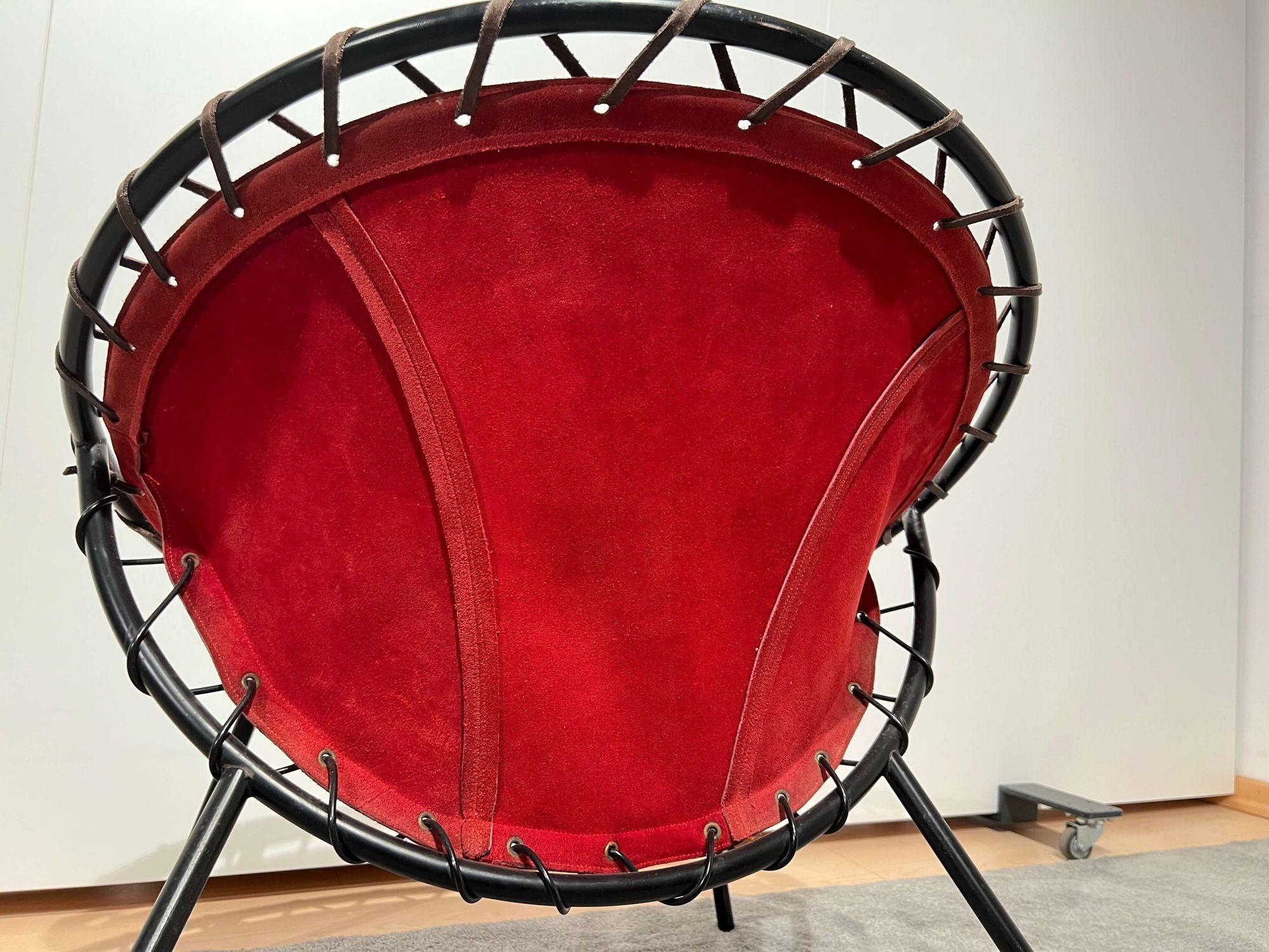 Lounge Chair by Hans Olsen, Red Suede, Metal, Denmark circa 1960 For Sale 9