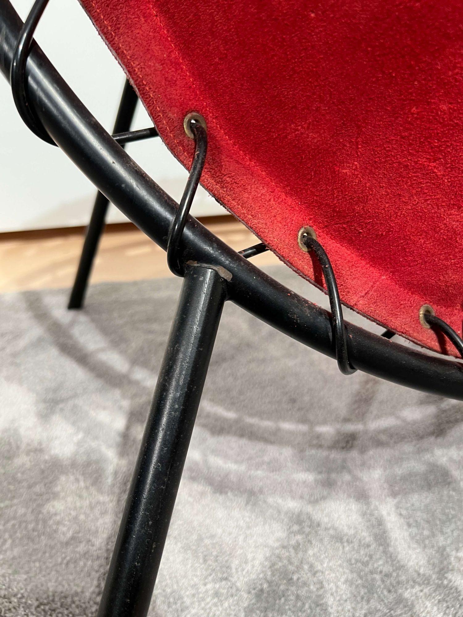 Lounge Chair by Hans Olsen, Red Suede, Metal, Denmark circa 1960 For Sale 11