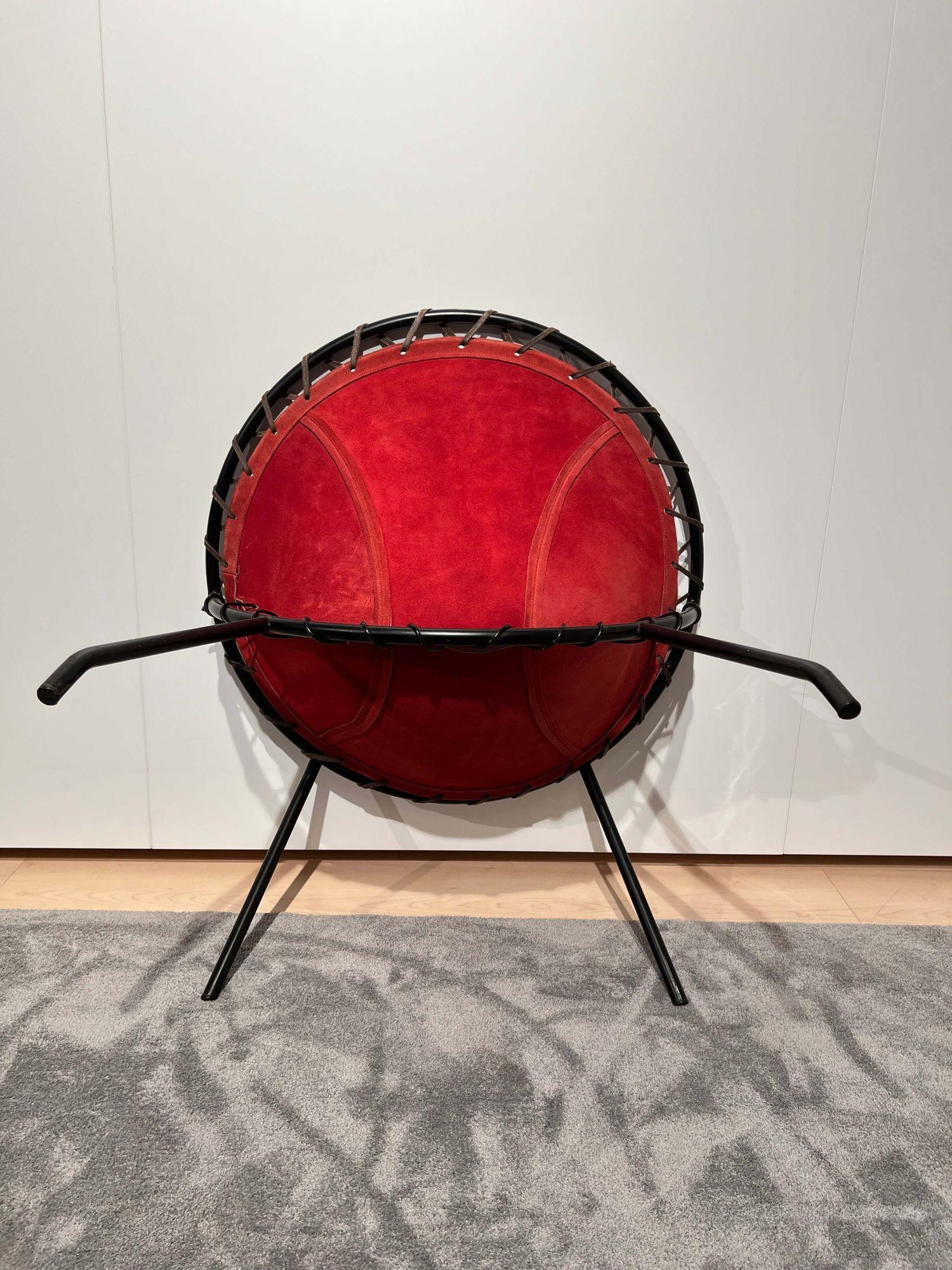 Lounge Chair by Hans Olsen, Red Suede, Metal, Denmark circa 1960 For Sale 12