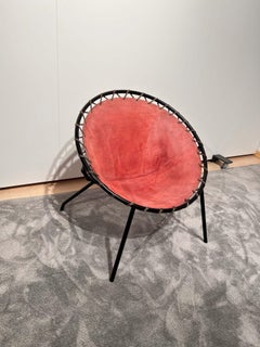 Lounge Chair by Hans Olsen, Red Suede, Metal, Denmark circa 1960