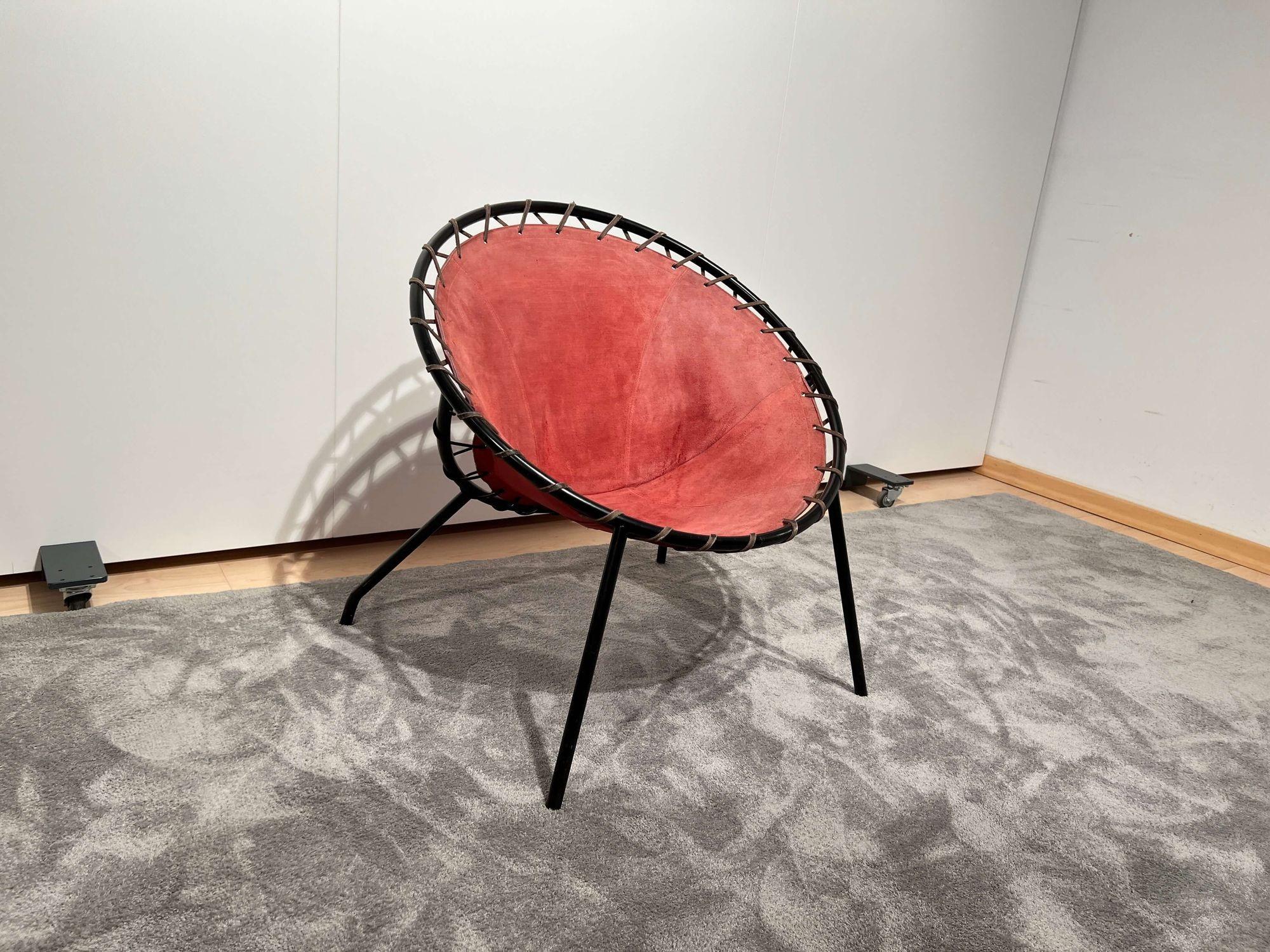 Silla de salón de Hans Olsen, ante rojo, metal, Dinamarca circa 1960 mediados del siglo XX en venta