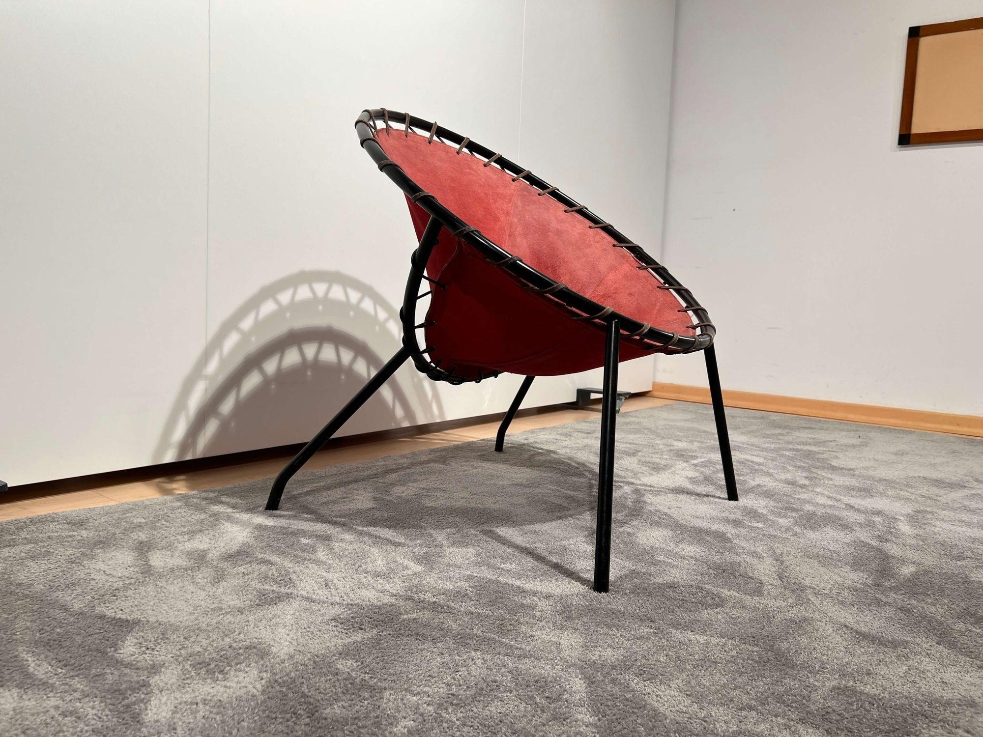 Lounge Chair by Hans Olsen, Red Suede, Metal, Denmark circa 1960 For Sale 1