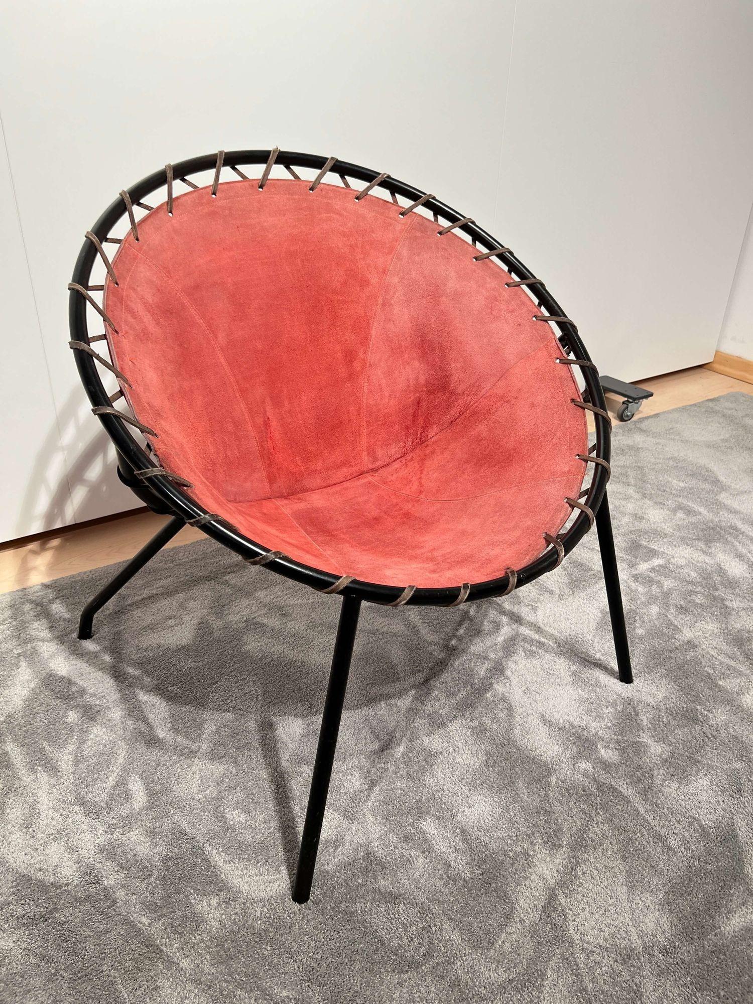 Lounge Chair by Hans Olsen, Red Suede, Metal, Denmark circa 1960 For Sale 3