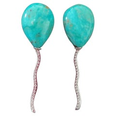 Balloon Style Natural Turquoise Pear Shape Cabs Diamonds 14k Gold Stud Earrings