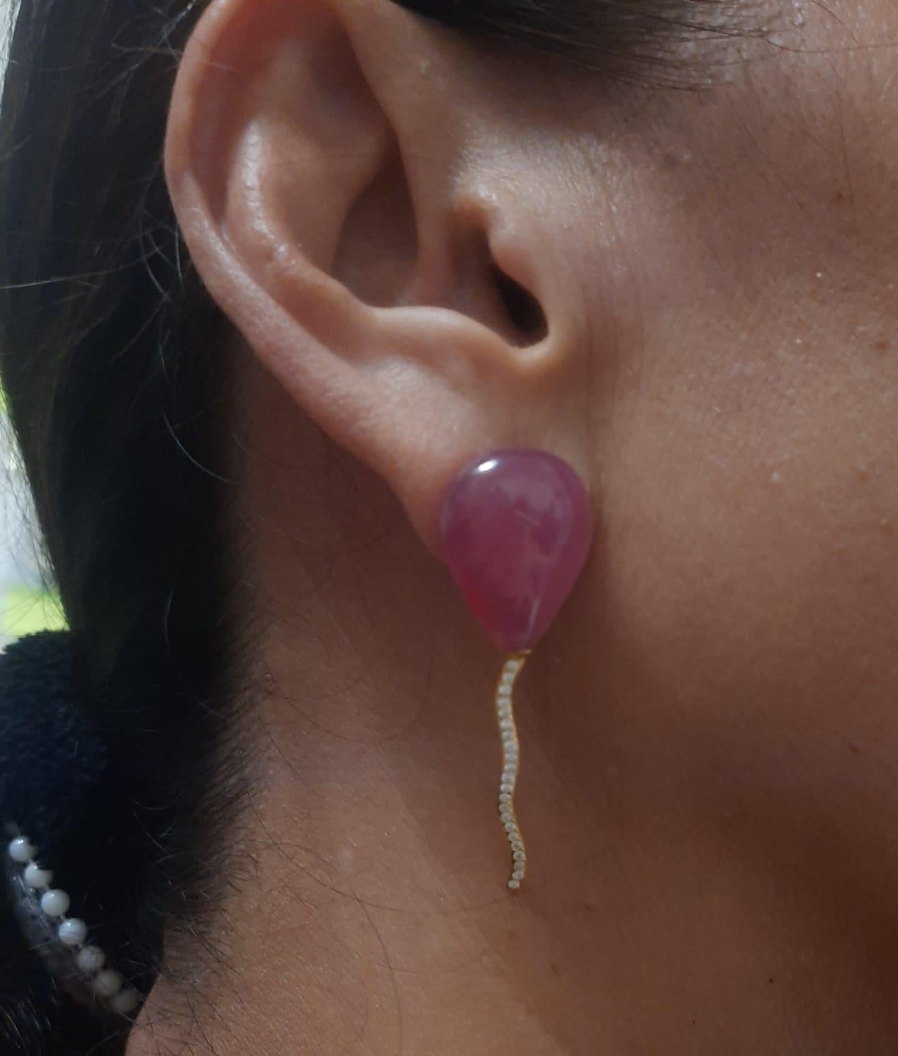 Artisan Balloon Style Pear Shape 15x20 Ruby Diamonds 14K Yellow Gold Stud Earrings For Sale