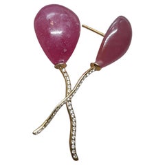 Balloon Style Pear Shape 15x20 Ruby Diamonds 14K Yellow Gold Stud Earrings