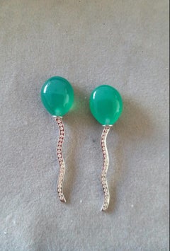 Balloon Style Pear Shape Green Onyx Cabs Diamonds 14k White Gold Stud Earrings