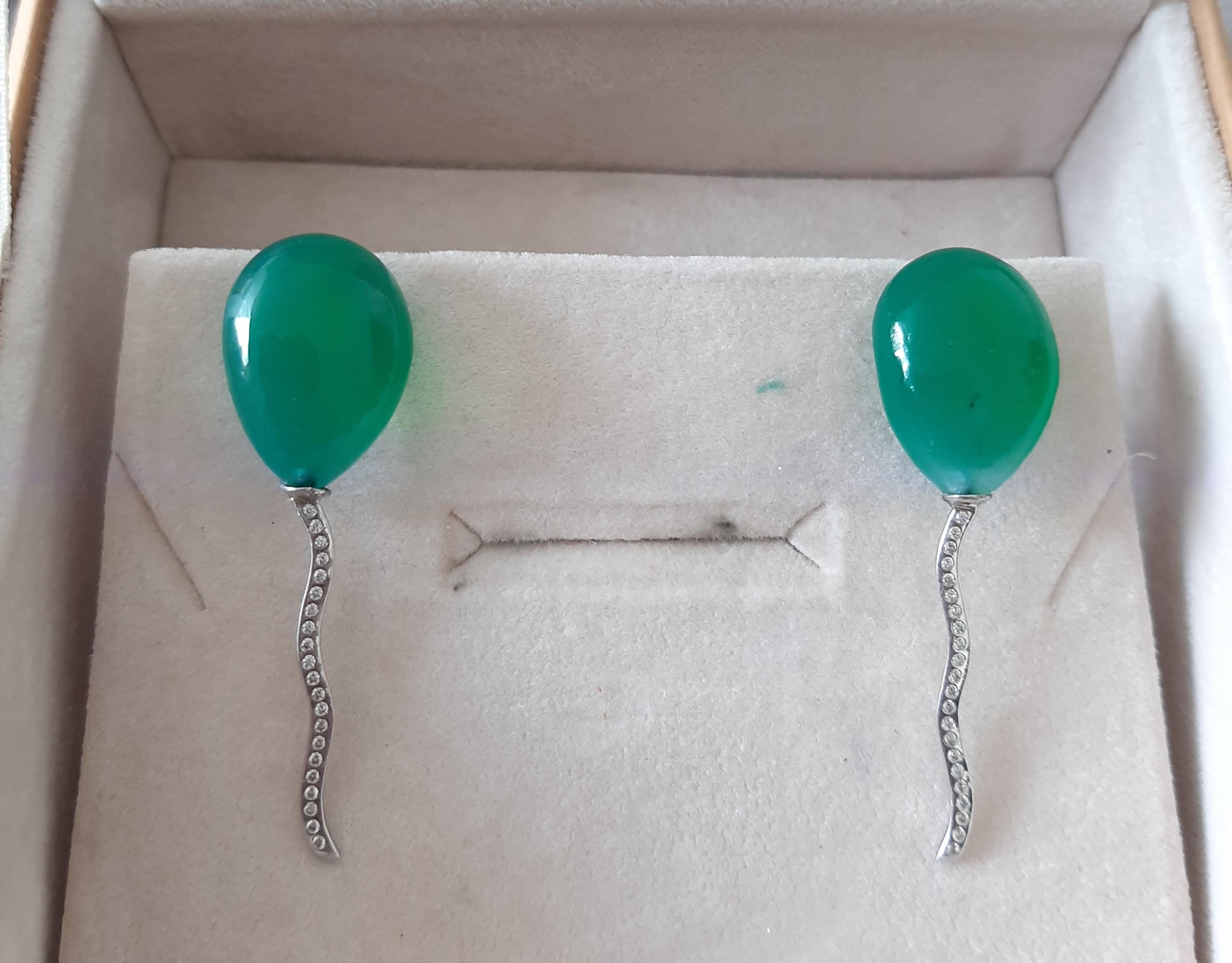 Pear Cut Balloon Style Pear Shape Green Onyx Cabs Diamonds 14k White Gold Stud Earrings